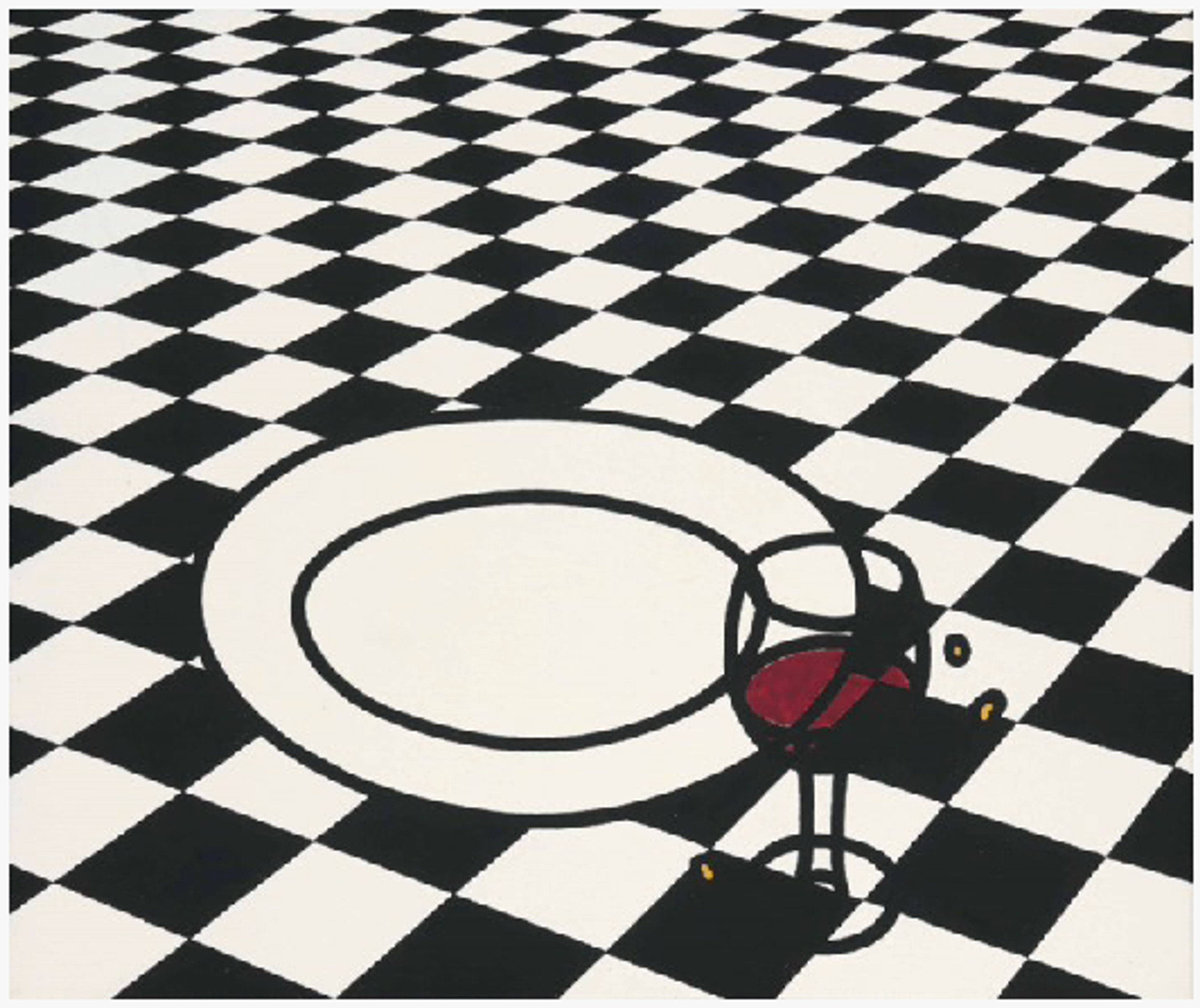Représentation graphique d'un verre de vin à moitié plein à côté d'une assiette blanche vide, le tout posé sur une nappe à carreaux noirs et blancs.
