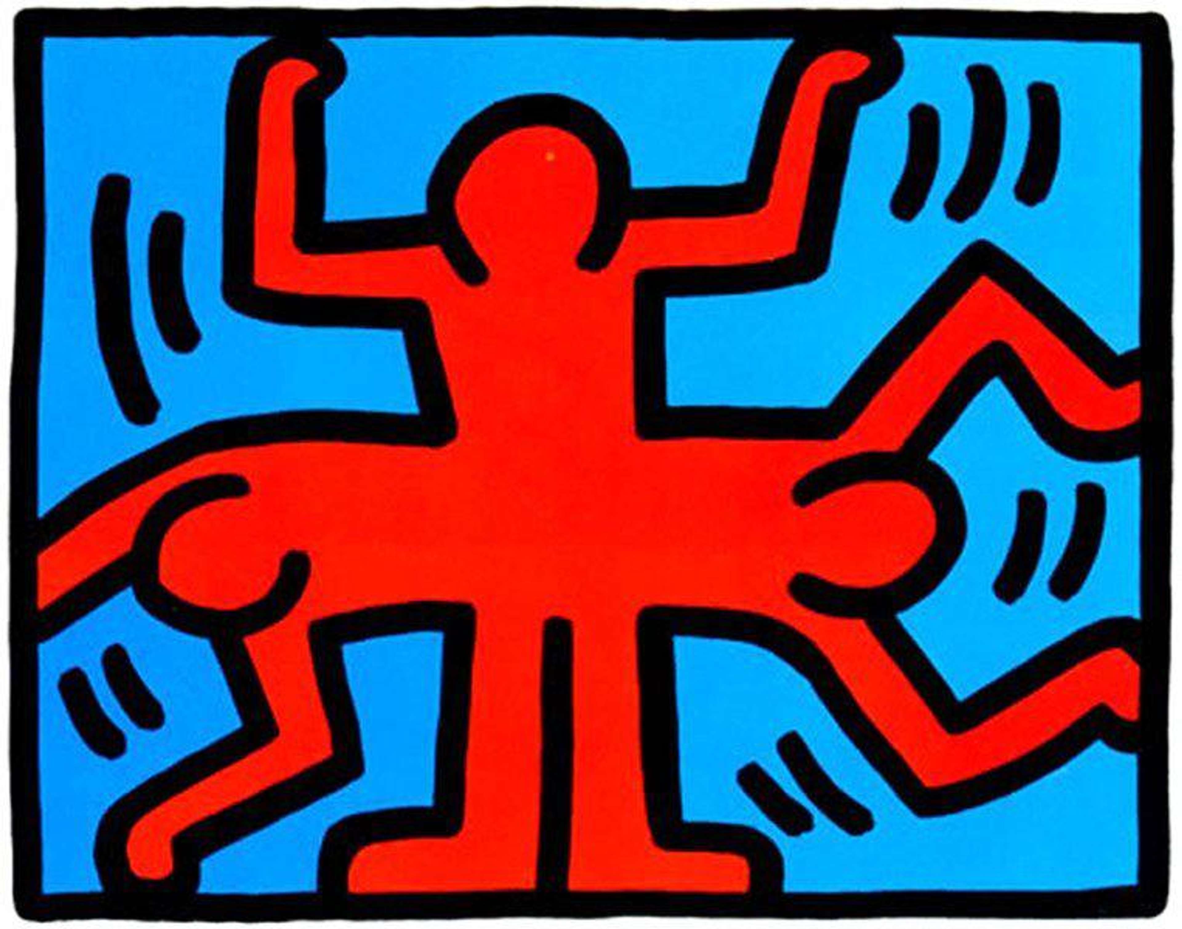 3 red figures splitting out of one body outlined with black on a bright flat blue background.