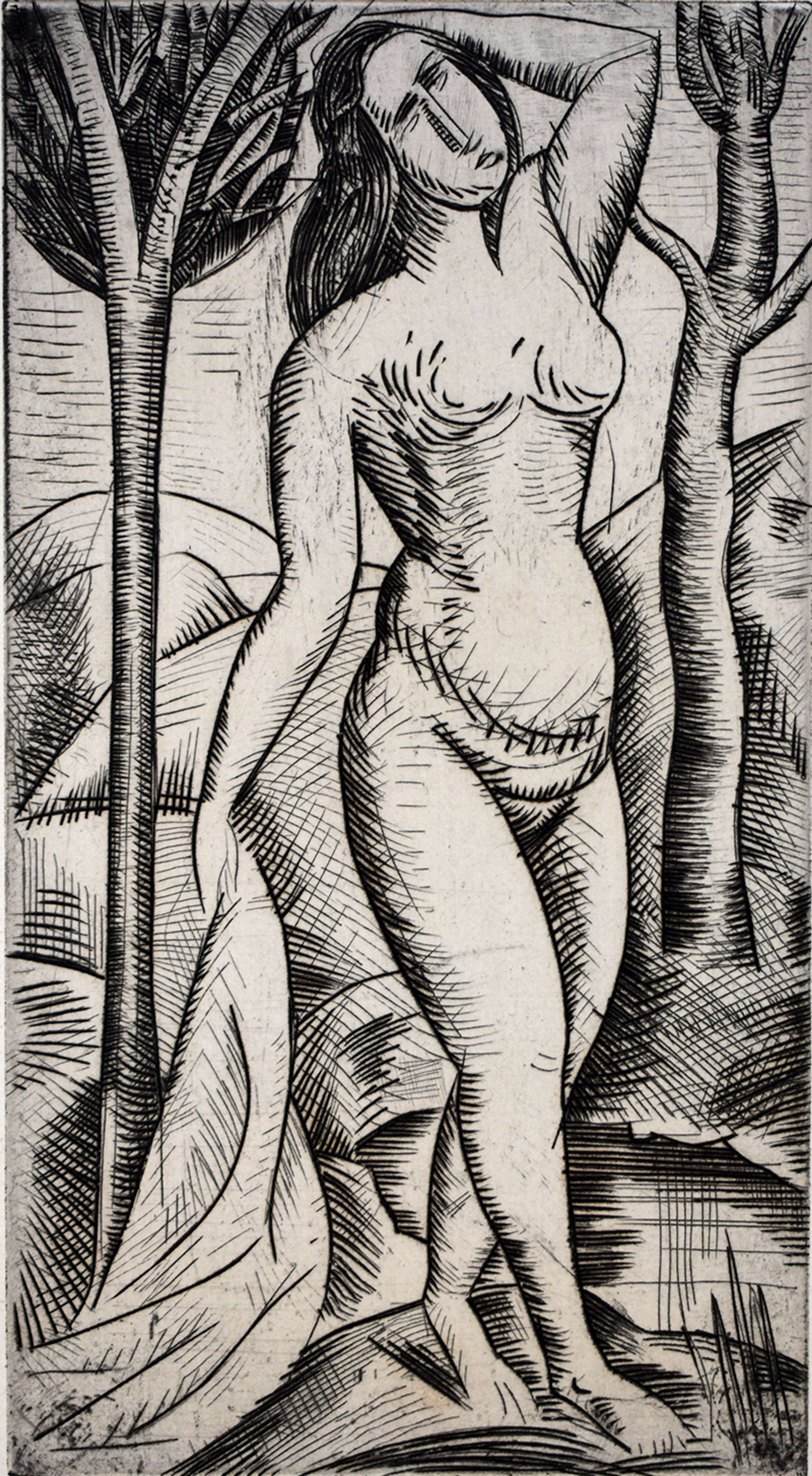 Une eau-forte en noir et blanc représentant une femme marchant entre deux arbres. Elle est nue et porte une robe ou un drapé dans sa main droite. Sa main gauche se lève pour retenir ses cheveux. L'ombre à travers l'image est créée par des lignes délibérées et des hachures, ce qui donne à l'estampe texture et profondeur.