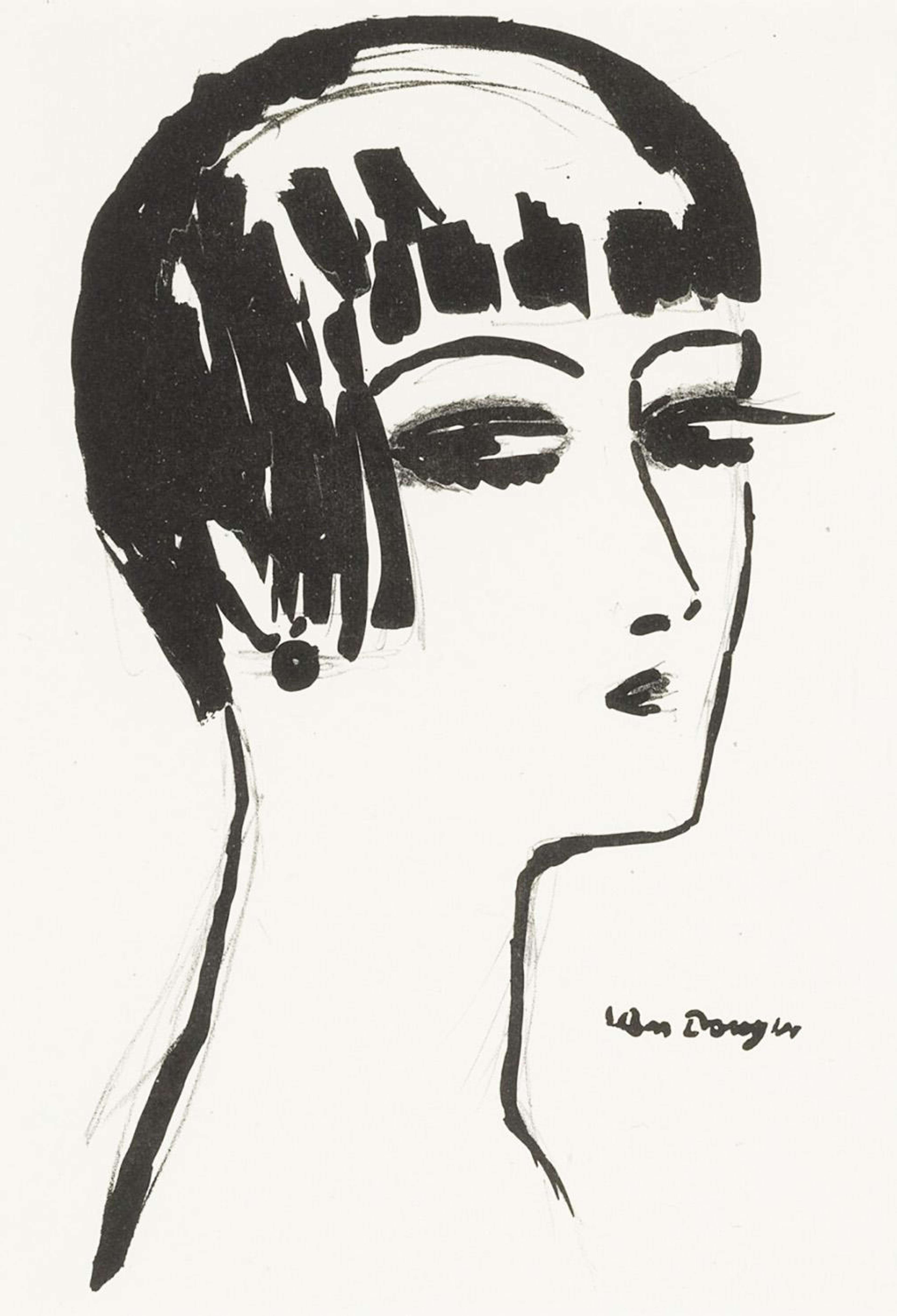 Un dessin simple, à l'encre, représentant une femme aux cheveux coupés juste sous les oreilles. Elle a une frange épaisse qui s'arrête juste au-dessus des sourcils. Les yeux plissés, elle regarde de côté vers le spectateur. Elle a de petites lèvres pincées et un maquillage des yeux appuyé. Tous les contours et les détails semblent avoir été réalisés au feutre épais.