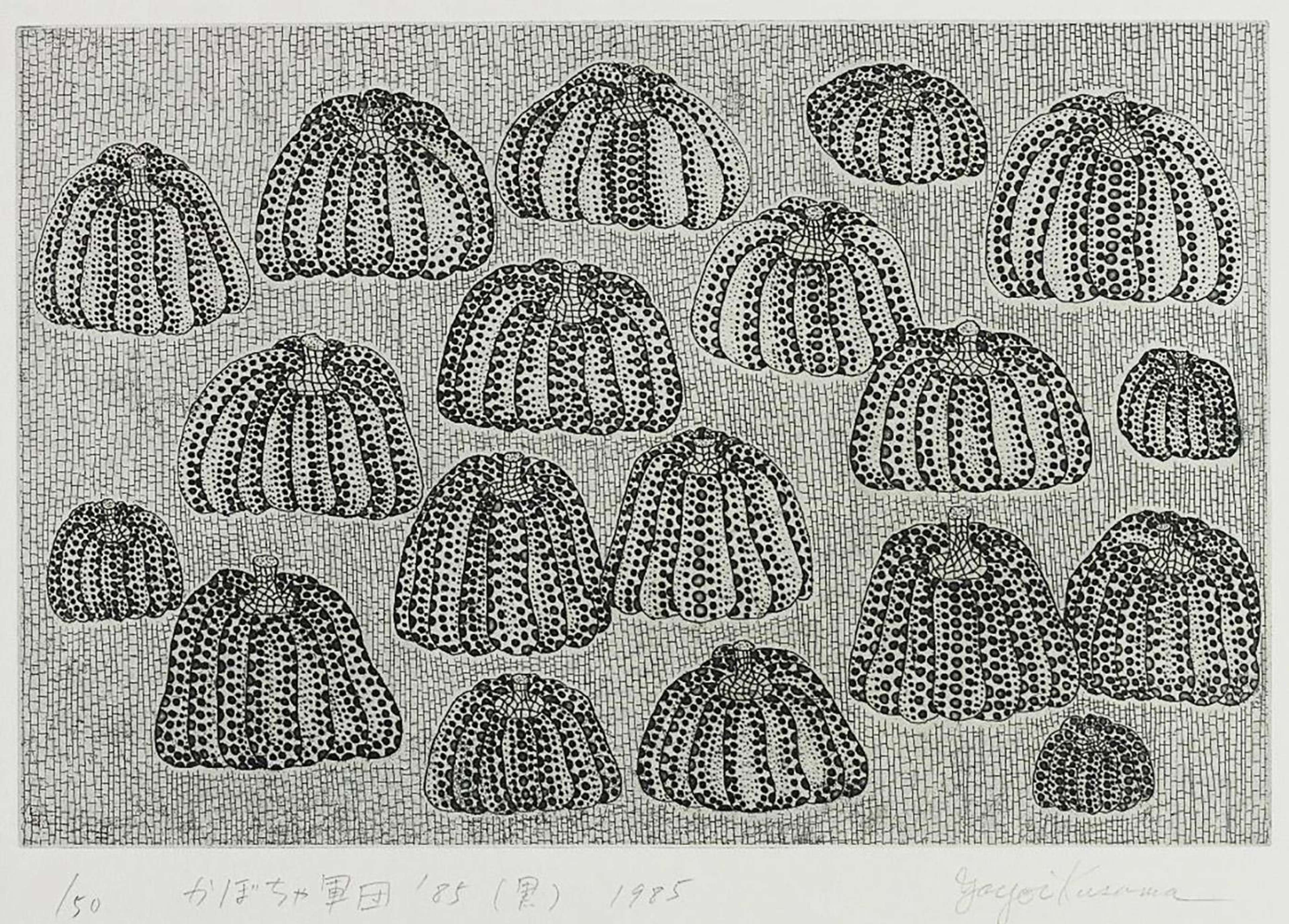 Estampe en noir et blanc de Yayoi Kusama représentant une série de citrouilles esquissées sur fond blanc.