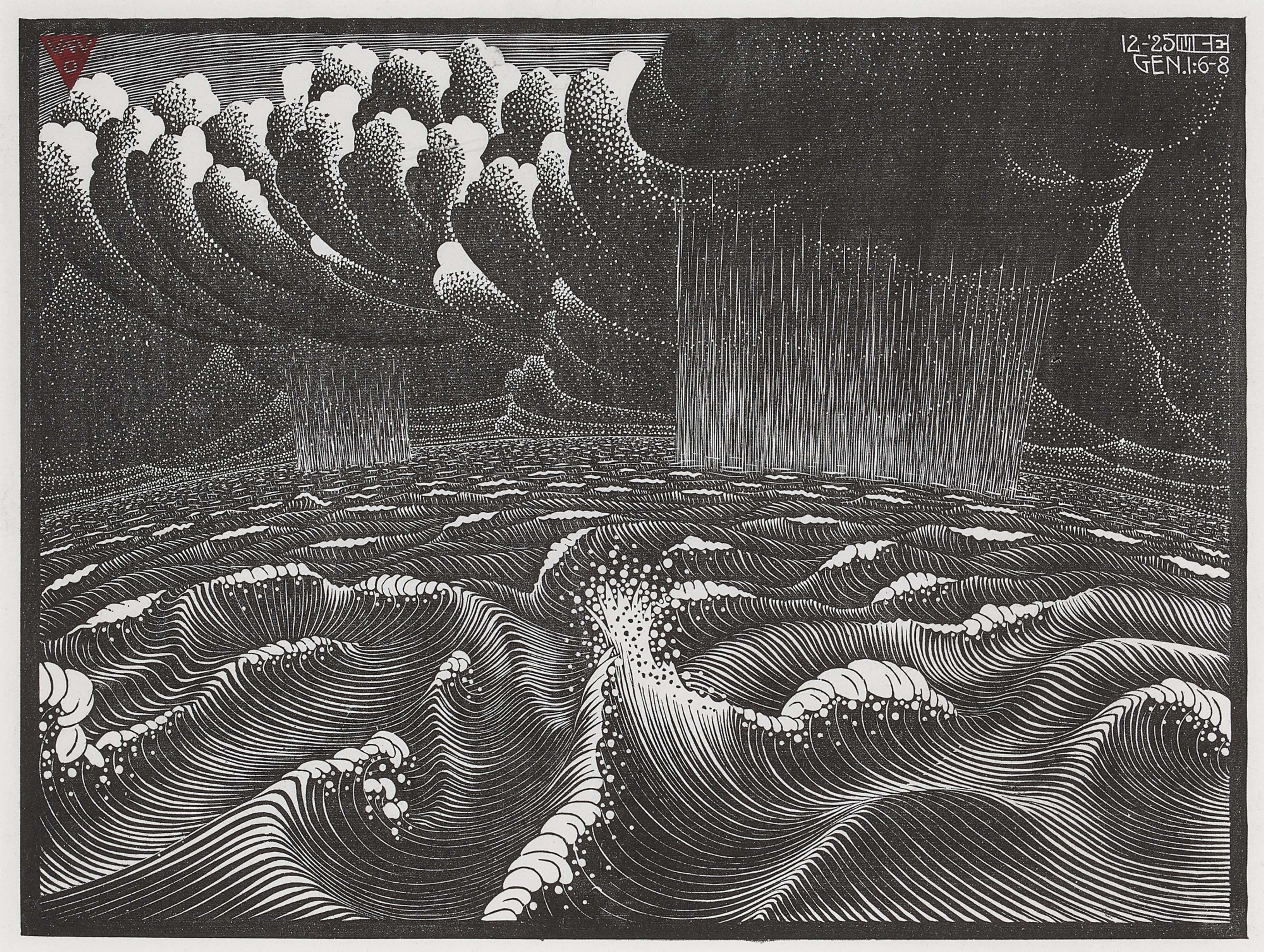 Une représentation de la création de l'eau par Dieu, telle que décrite dans la Bible. Le fond de l'illustration est noir, avec des lignes et des détails gravés en blanc. La surface incurvée de la Terre est recouverte de vagues déferlantes, ondulant dans toutes les directions. Du ciel, une pluie torrentielle tombe de nuages noirs.