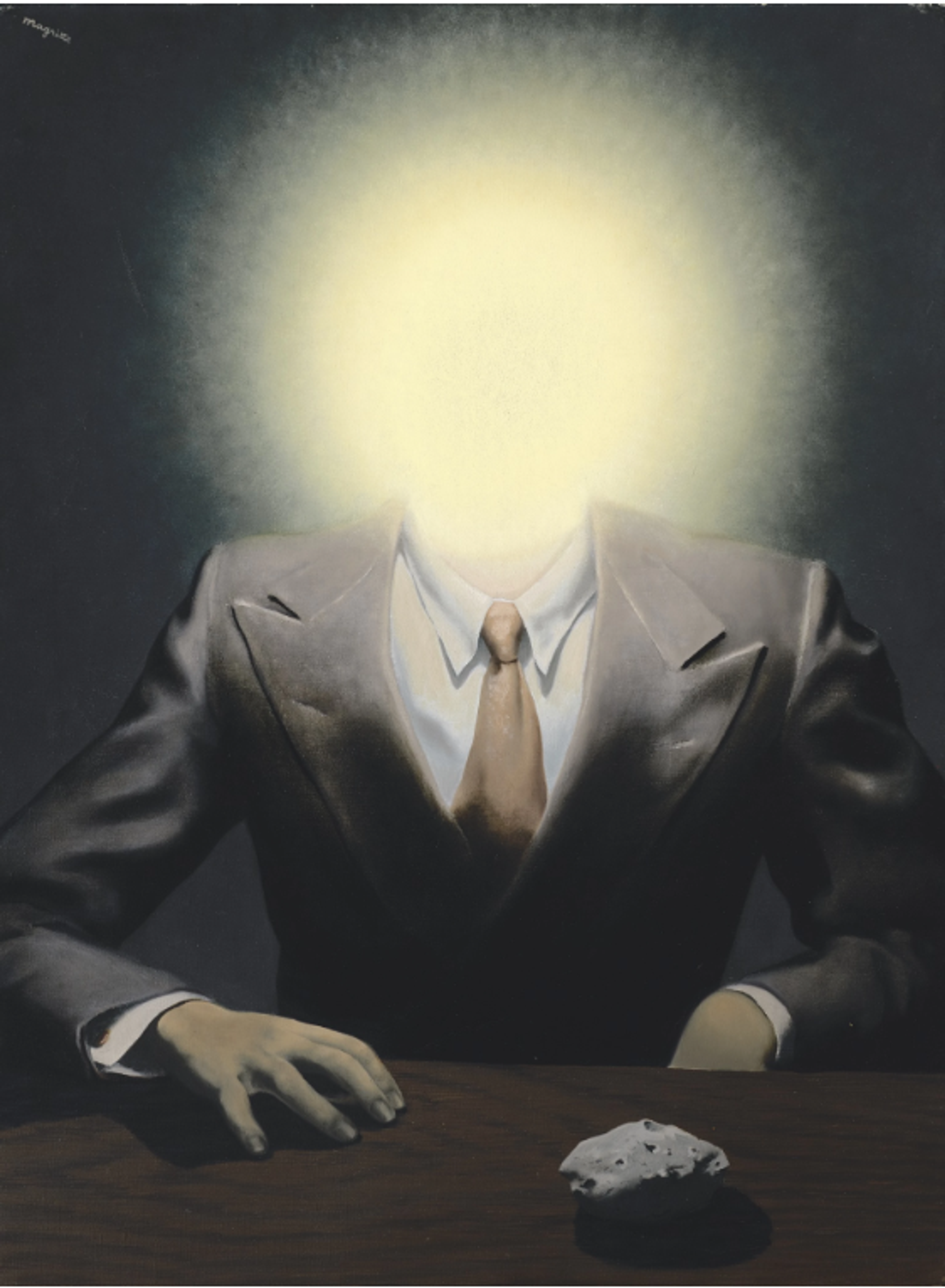 A painting of a suited figure seated at a table with a radiating yellow light where the head would be. The figure has one hand on the table, and the other tucked below. A pumice stone sits on the table in front of him.