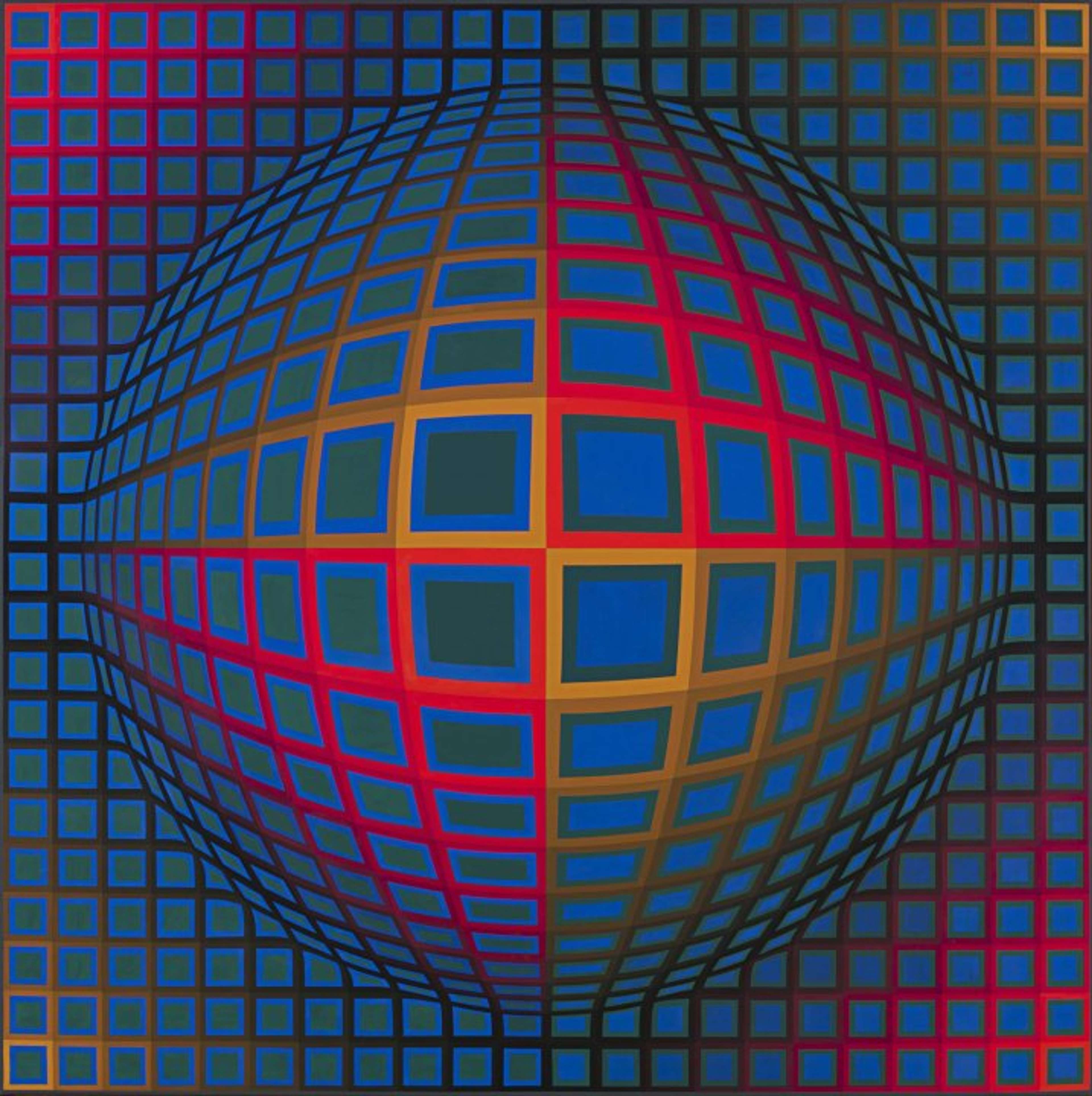 Une composition abstraite en forme de grille présentant des carrés répétitifs délimités par du rose vif, de l'or et du cobalt sur un fond bleu, qui prennent de l'ampleur et deviennent plus perturbés au centre de l'œuvre pour créer un effet d'optique.