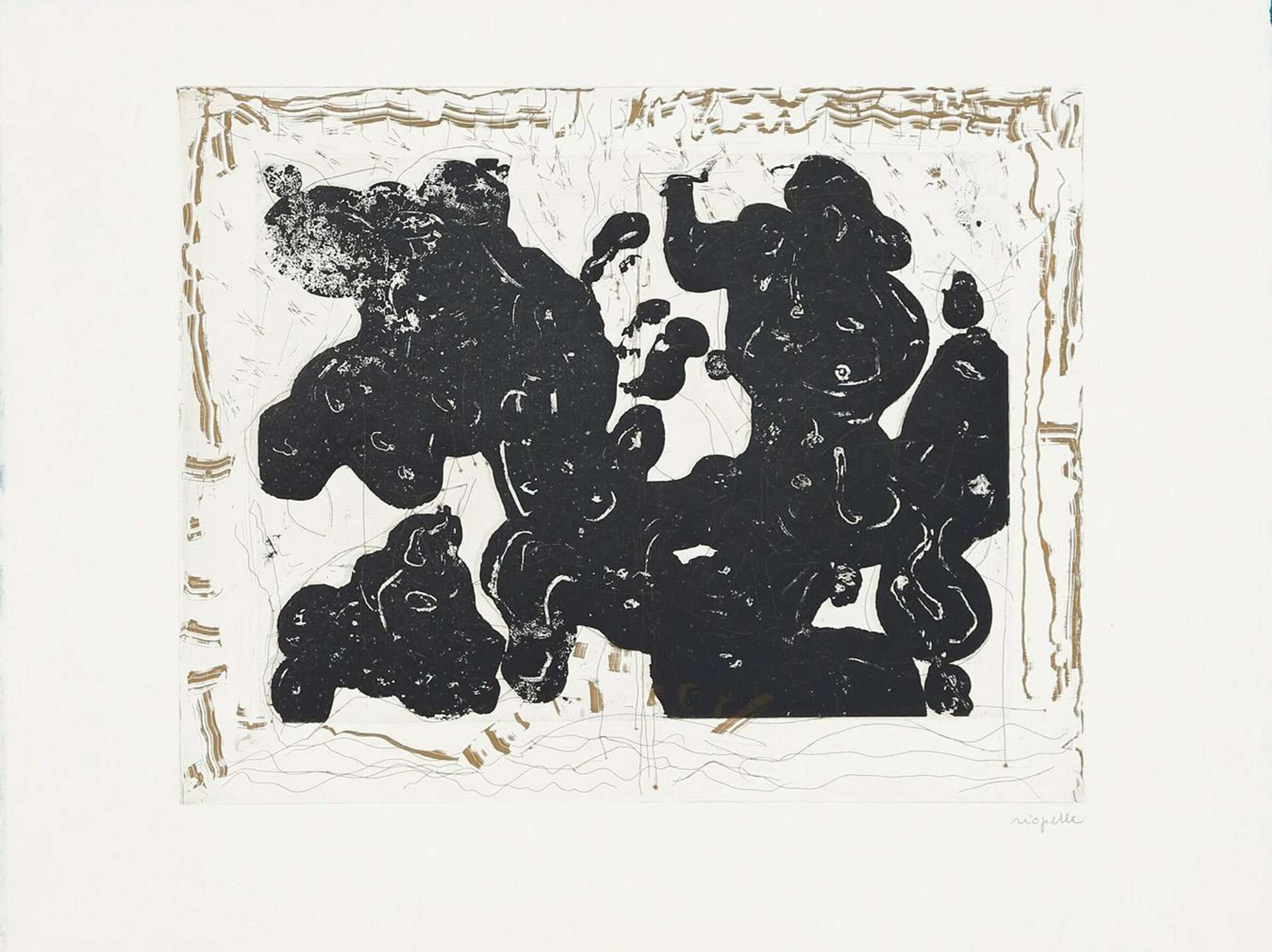 Une composition tourbillonnante en noir et blanc, où les formes courbes créées par l'encre noire prennent presque l'allure de personnages. Autour de celle-ci, un cadre doré, clair et texturé, composé de lignes ondulées.