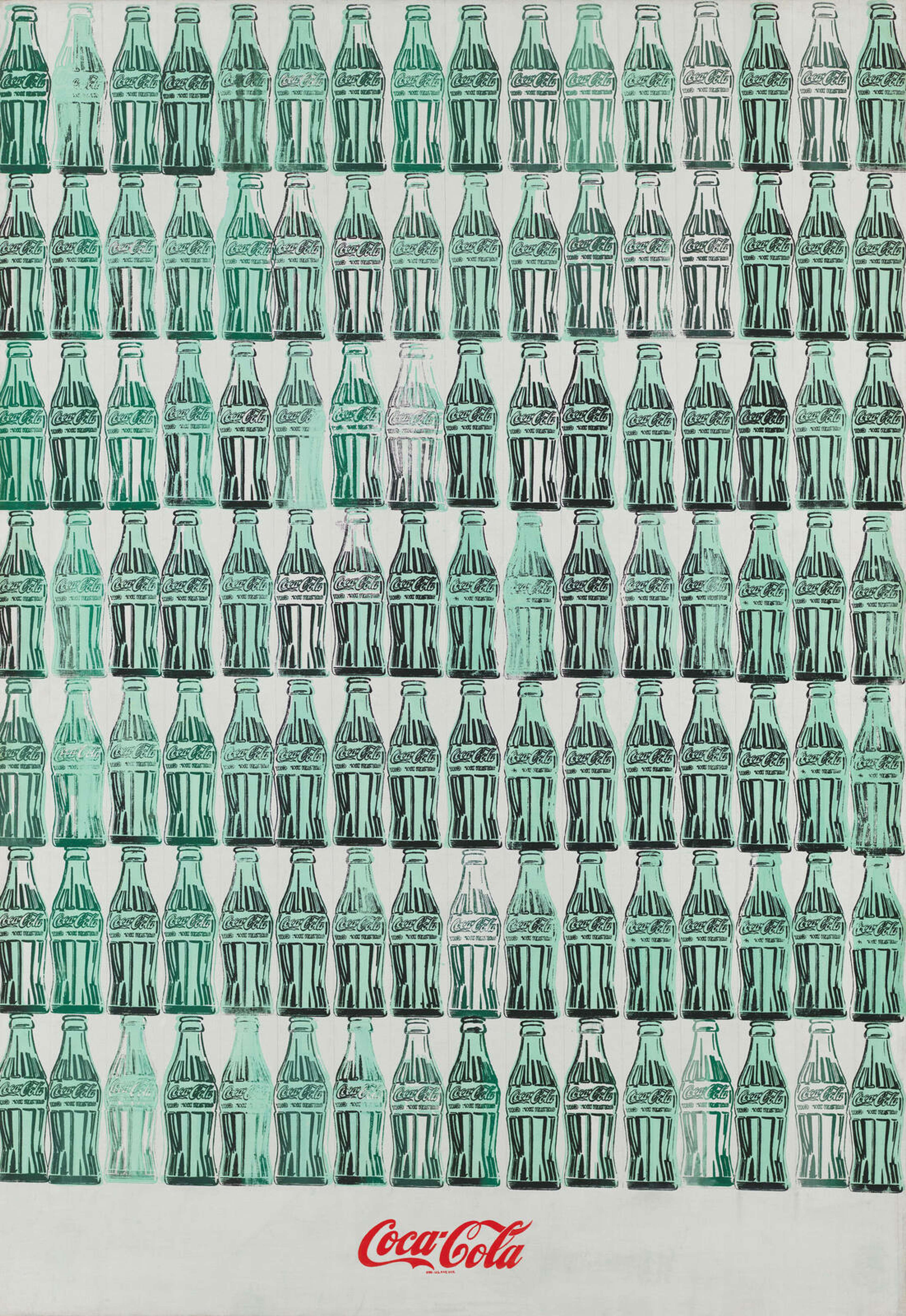 « Bouteilles de Coca-Cola vertes » d'Andy Warhol. Des rangées répétitives de bouteilles de Coca-Cola vertes dans le style Pop Art publicitaire populaire de Warhol.