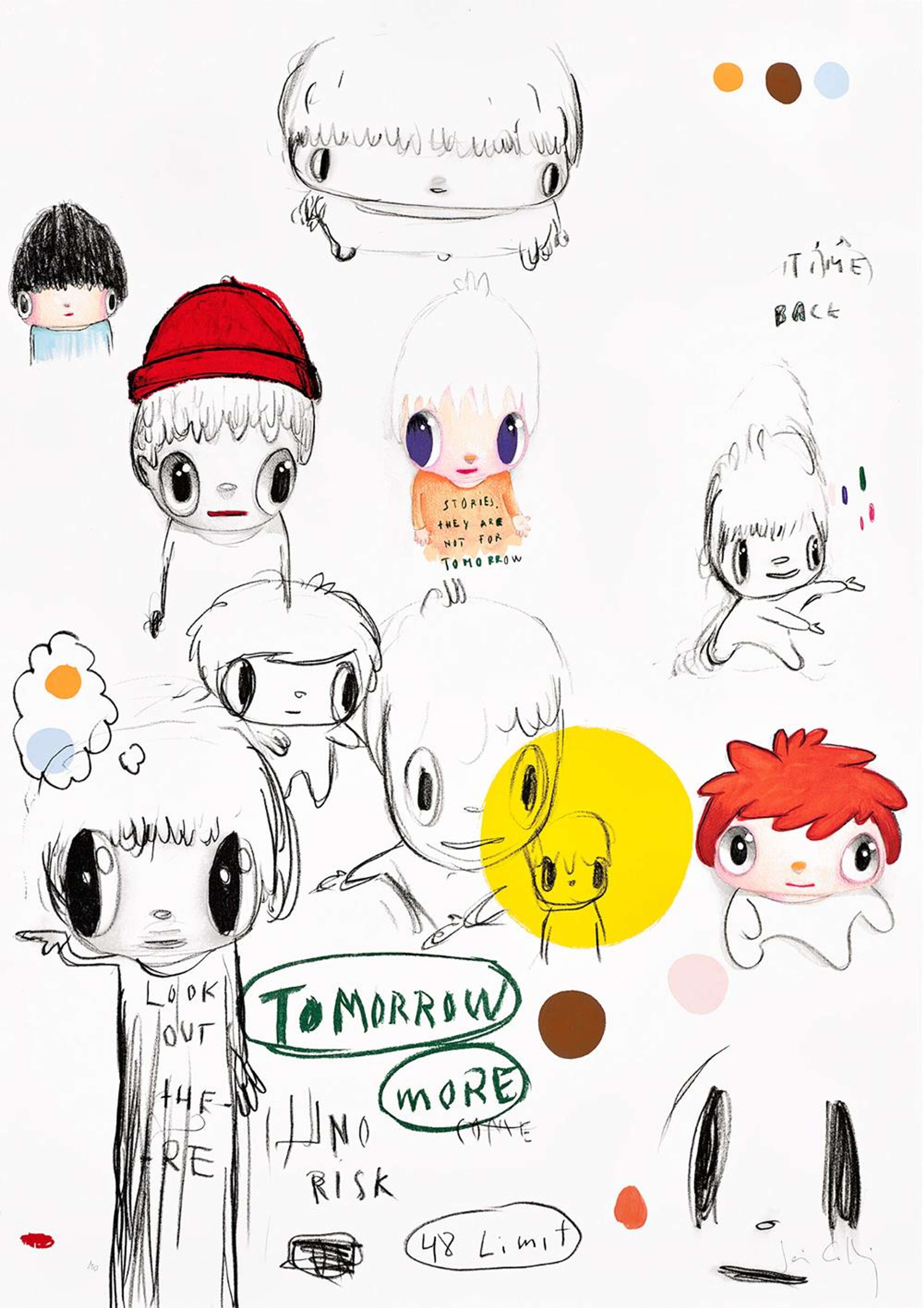 Cette estampe présente de nombreux visages différents, chacun dans le style enfantin et Kawaii signature de Calleja. Leurs yeux sont grands et expressifs. Lorsque l'artiste a inclus un corps, celui-ci est court et trapu. Certains sont en couleur, d'autres sont laissés sous forme de contours. Certains sont agrémentés de textes, tels que « Regarde dehors » et « Les histoires, ce n'est pas pour demain ».