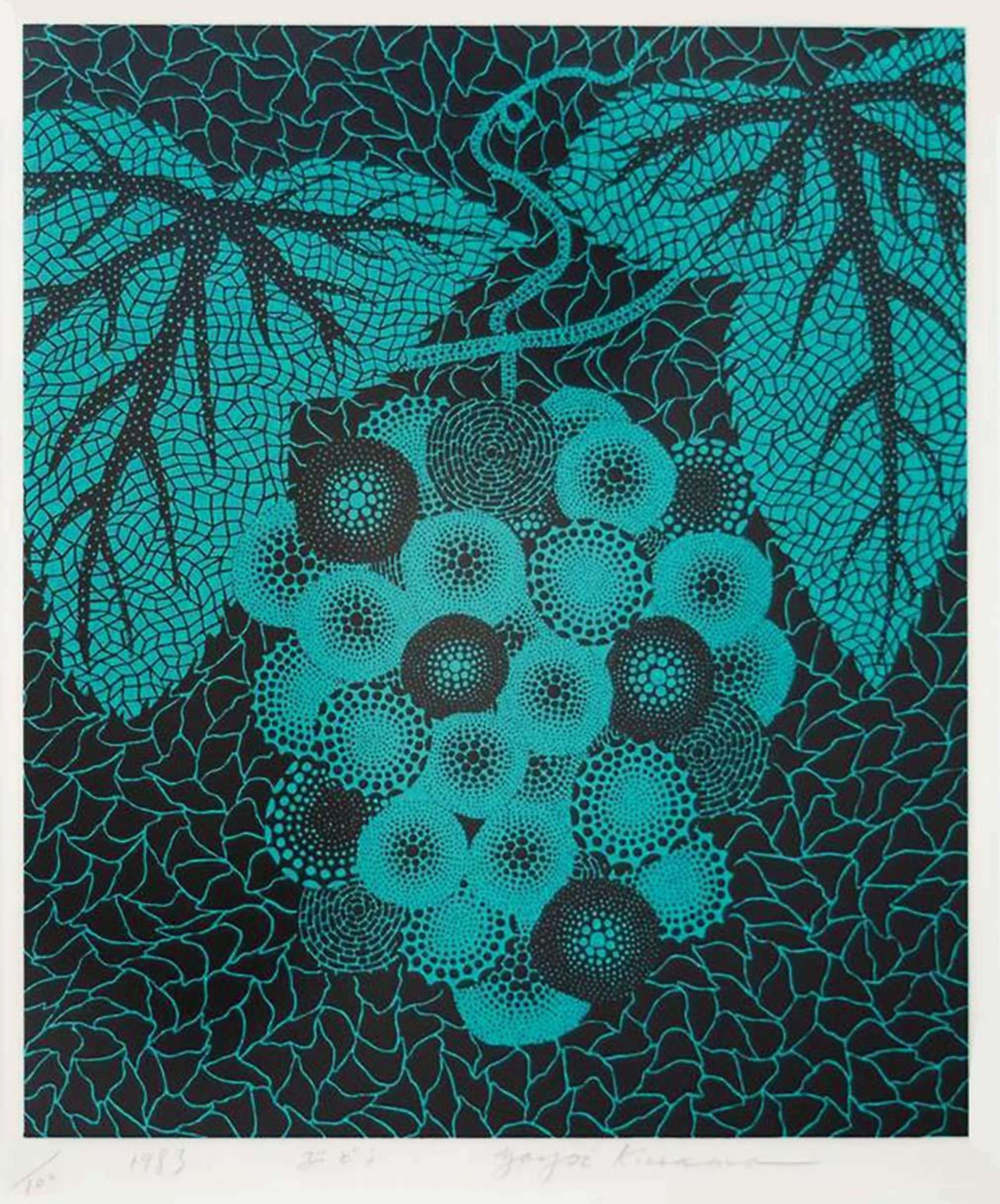 A close-up screenprint of a grape cluster overlaid with dense polka dots, radiating energy and abundance.