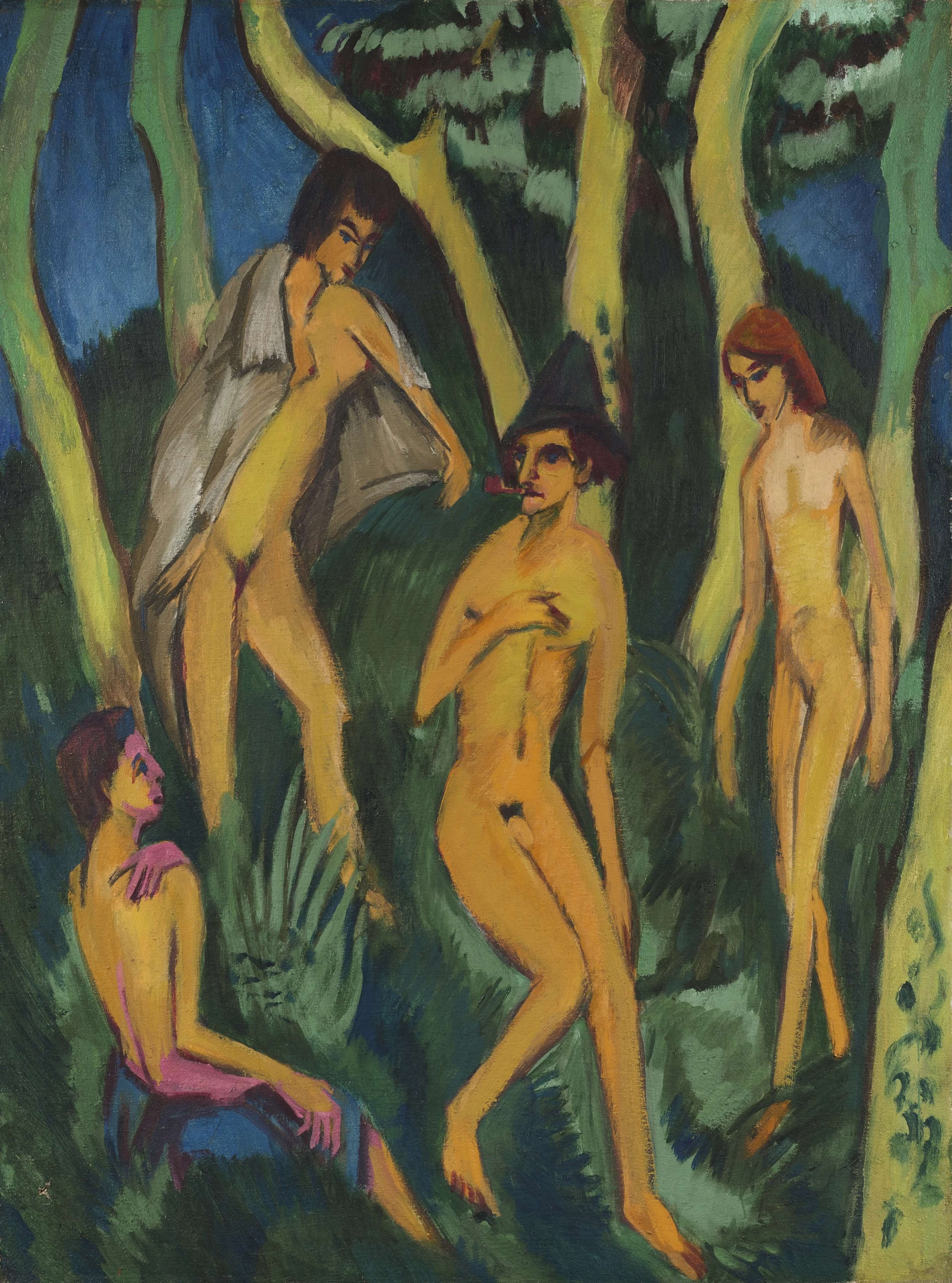 Four nude figures arranged in a natural setting beneath trees. The human forms are rendered with angular, simplified features. Their limbs are softly bent. The central male figure wears a pointed green hat. The painting employs bold, non-naturalistic colours, such as yellow and pink for skin to contrast the greens and dark blues of the background. The brushstrokes are thick and bold, with dark outlines giving definition to the subjects.