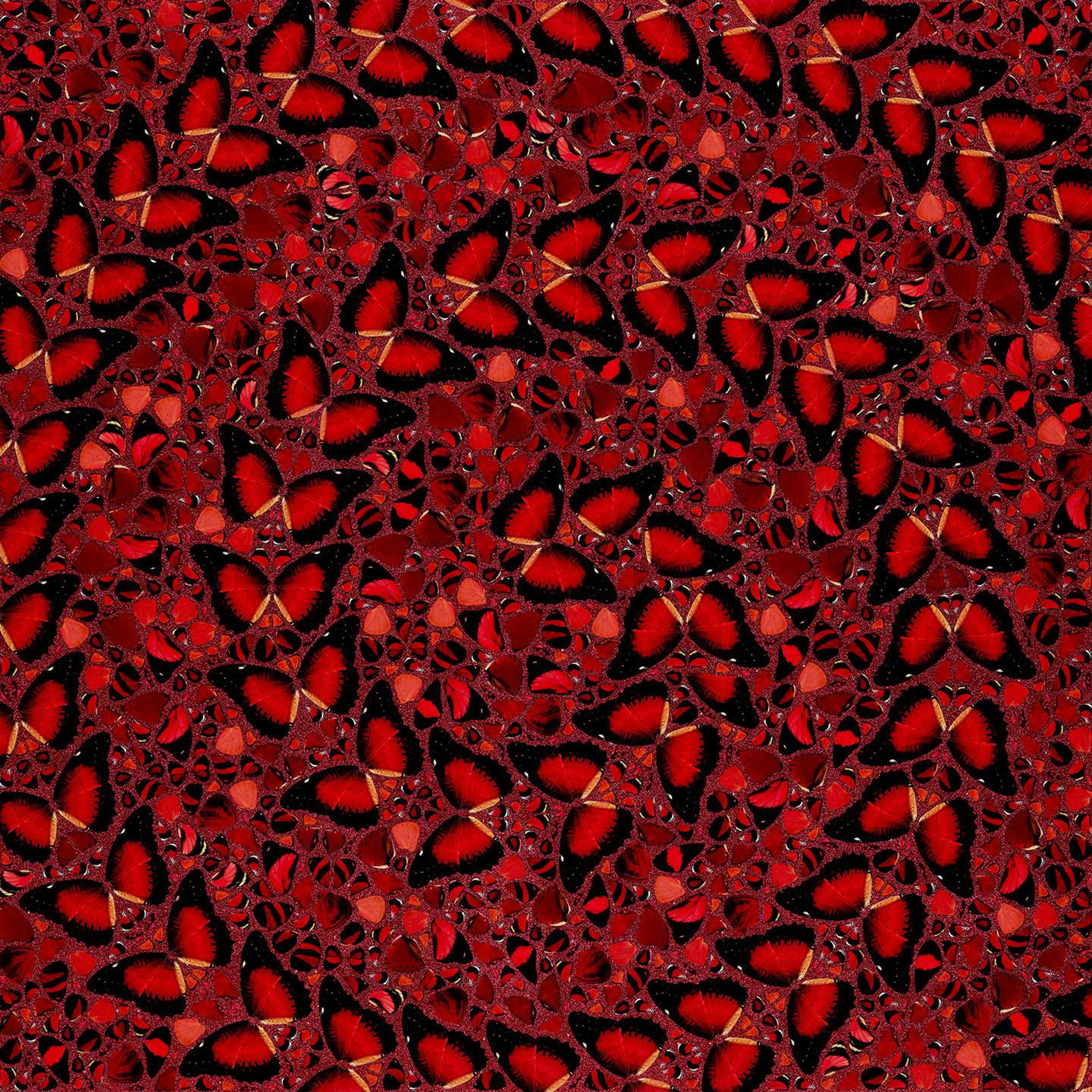 This print features butterflies displayed in an intricate pattern of spirals that Hirst makes captivates the viewer's attention and is infused with a dynamic sense of movement. The colours are crimson, yellow and black.