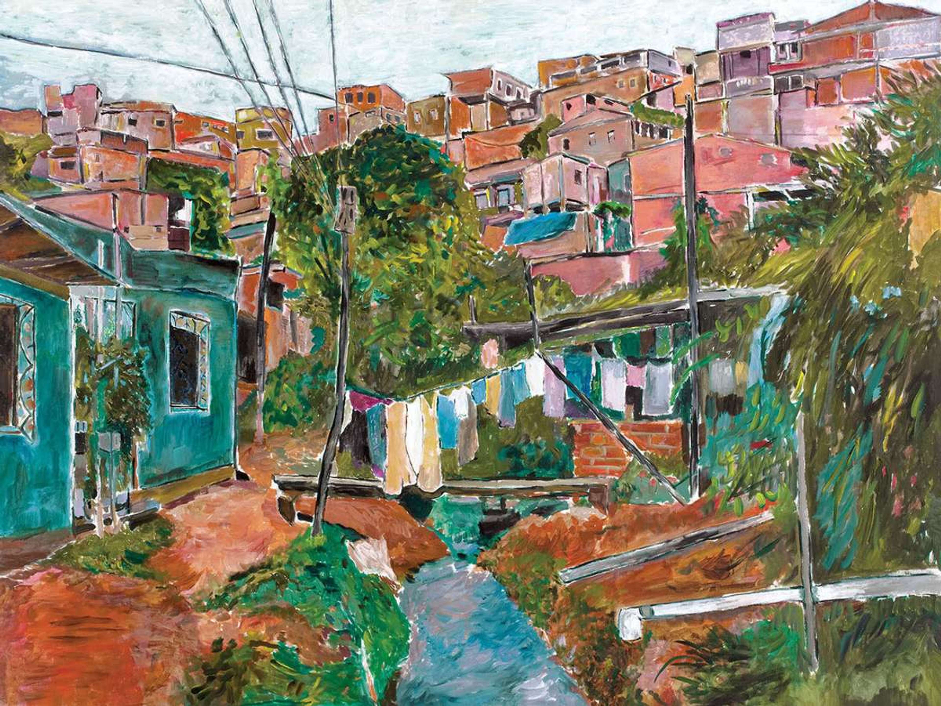 Un paysage de l'artiste Bob Dylan. Celui-ci représente une favela au Brésil à travers des coups de pinceau fluides. La palette de couleurs est principalement composée d'oranges et de verts.