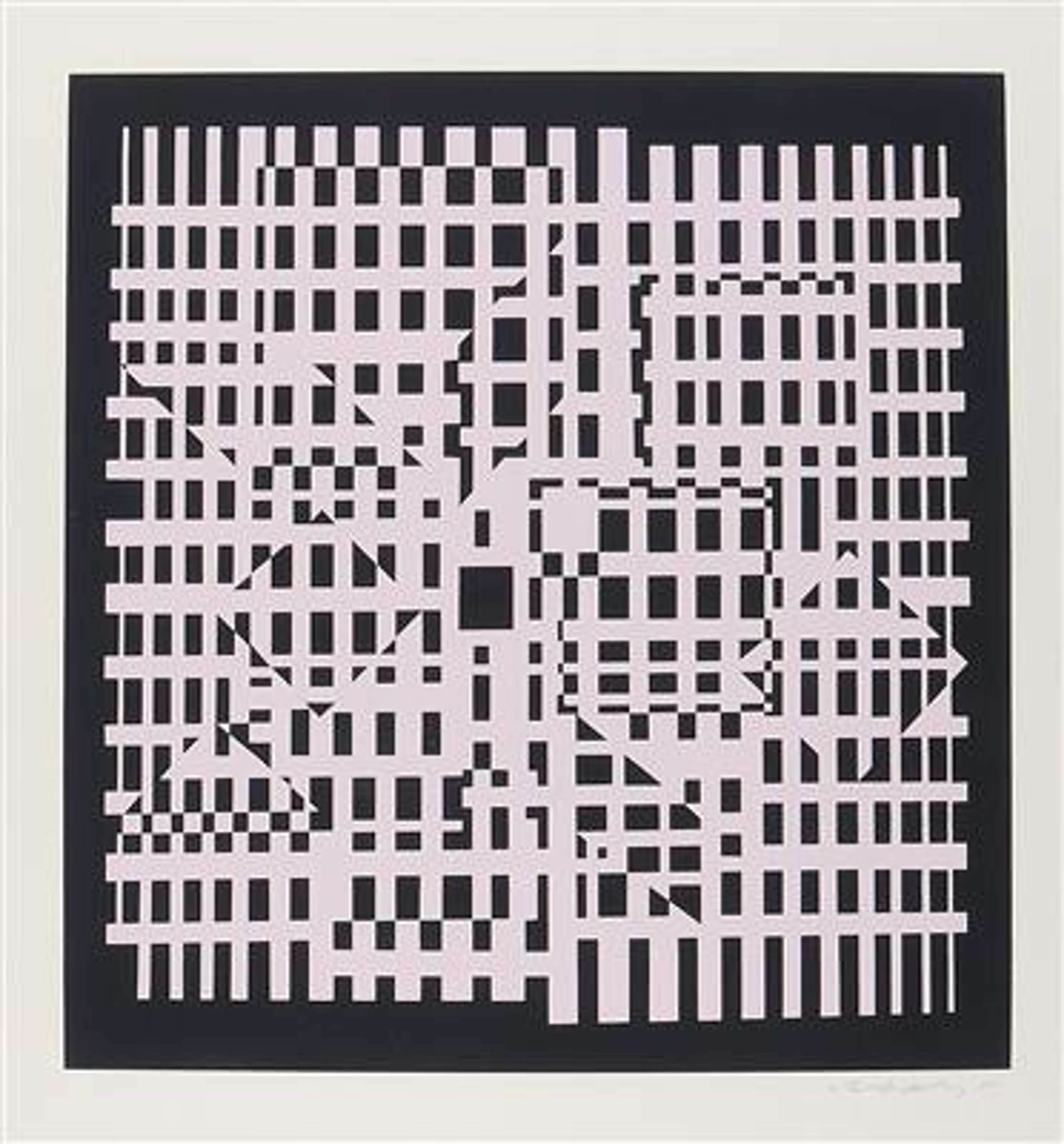 « Caracas » de Victor Vasarely (1955). L'estampe est une grille irrégulière en noir et blanc qui crée l'illusion d'optique de formes dissimulées en son sein.