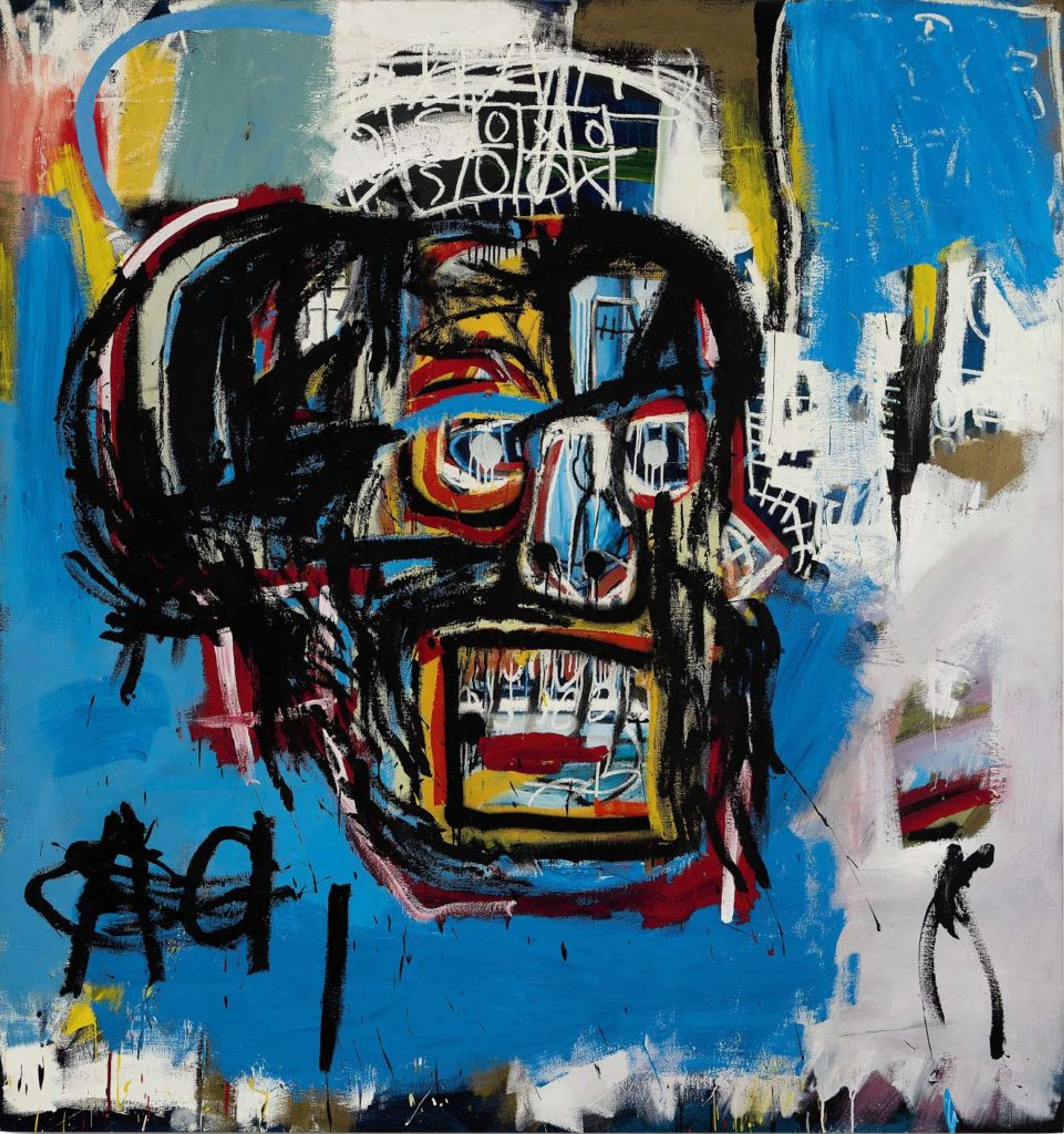 Une image de « Untitled » (1982) de Jean-Michel Basquiat, qui représente un visage rappelant un masque, rendu en noir, rouge et jaune, sur un fond bleu et blanc.