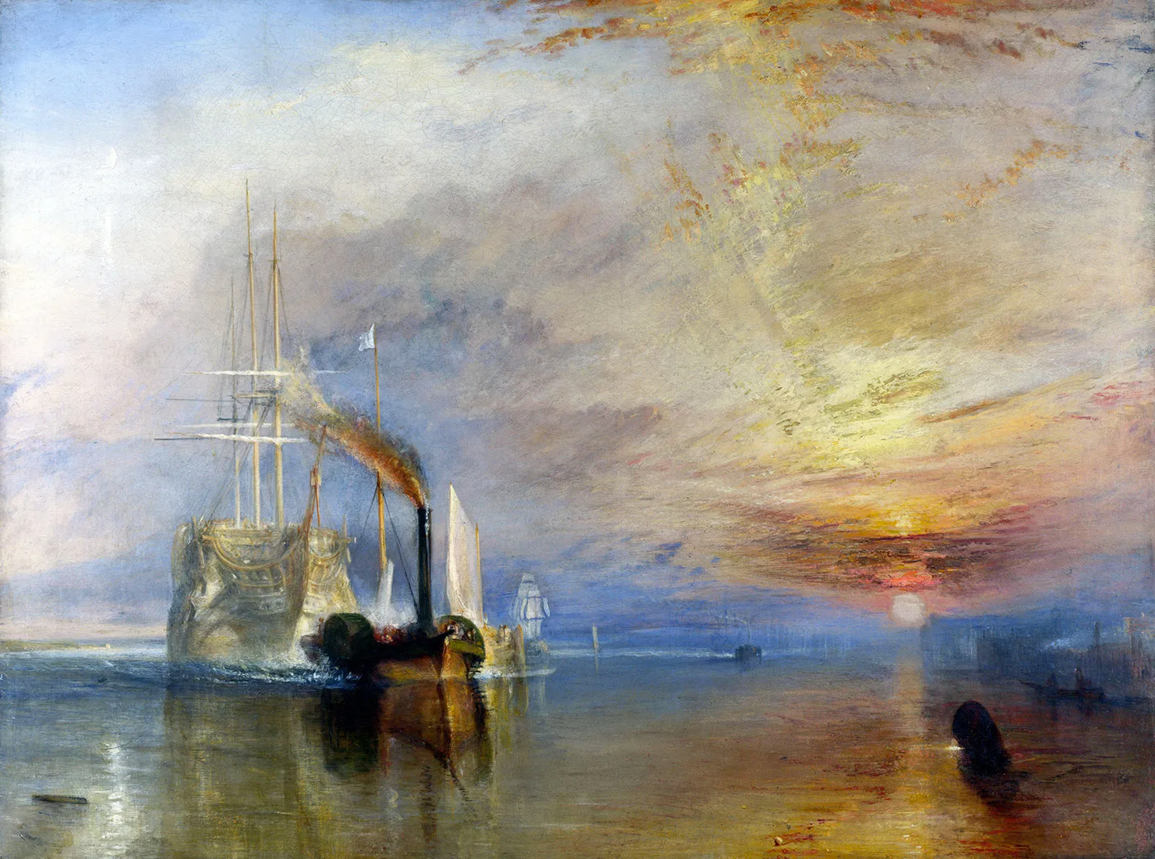 Une peinture de J.M.W. Turner représentant un navire naviguant au coucher du soleil, se dirigeant vers le spectateur.