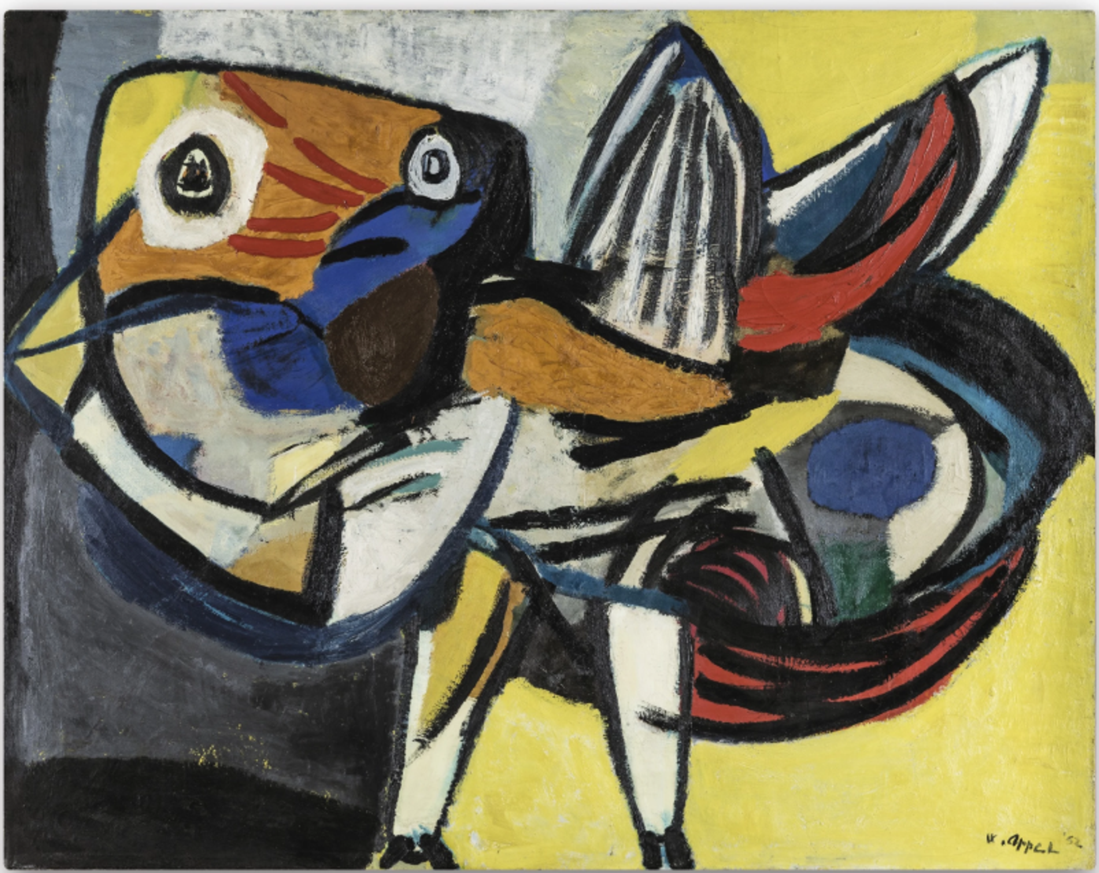 Whimsical bird-like creature with curving forms in yellow, blue and brown with bold black outlines against a contrasting yellow and grey background.