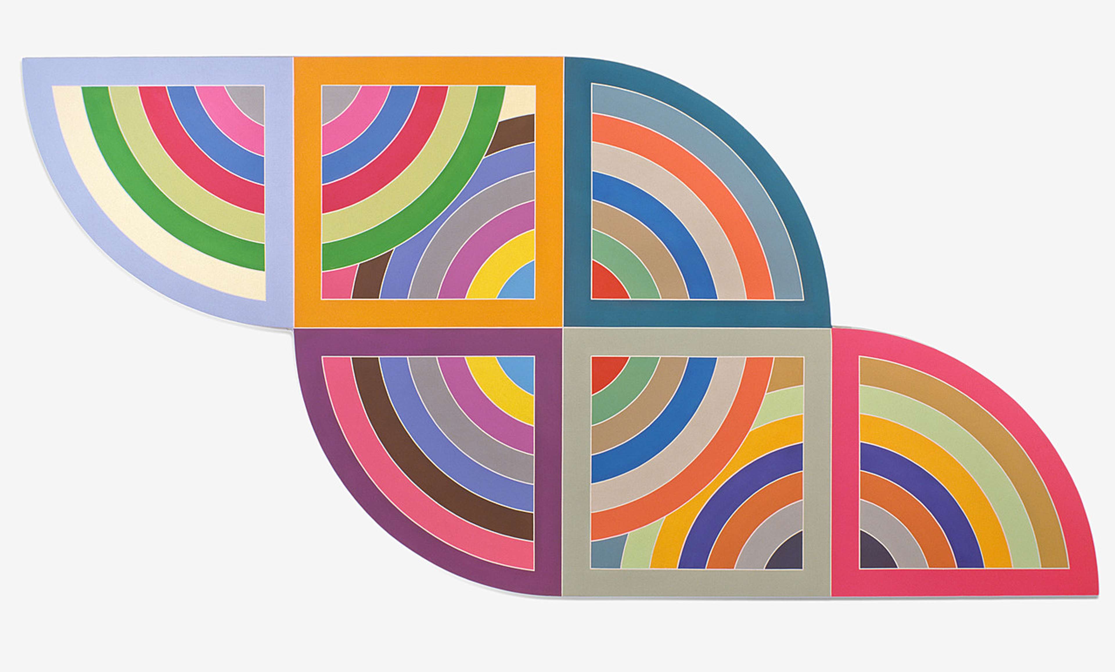 Une peinture abstraite intitulée « Harran II » de Frank Stella, représentant un grand hexagone noir sur lequel se chevauchent et s'entrecroisent des formes aux couleurs vives.