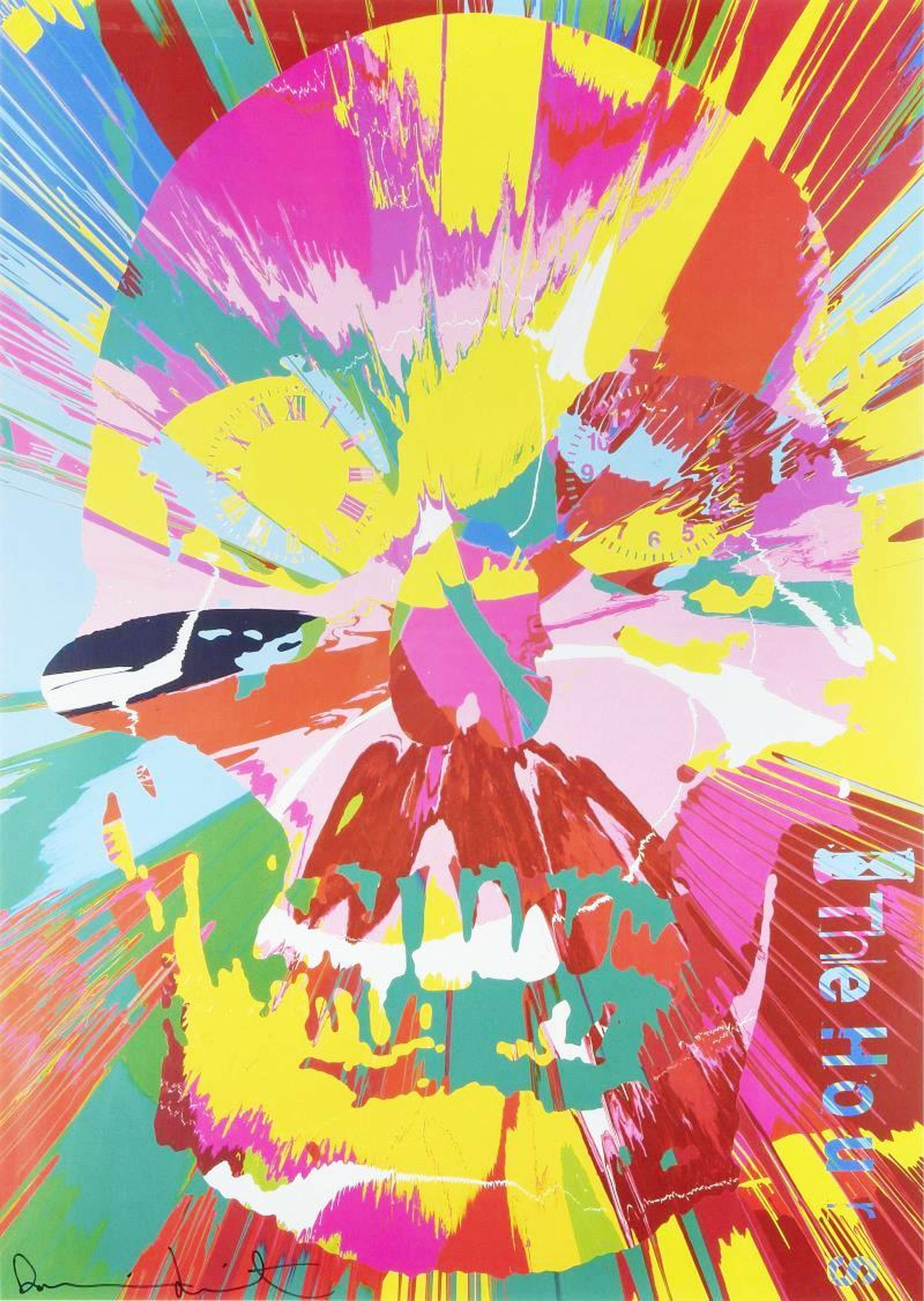 Une image d'une des peintures « Spin » de Damien Hirst, présentant des éclaboussures de couleurs en rose, Yellow, Green, et White.
