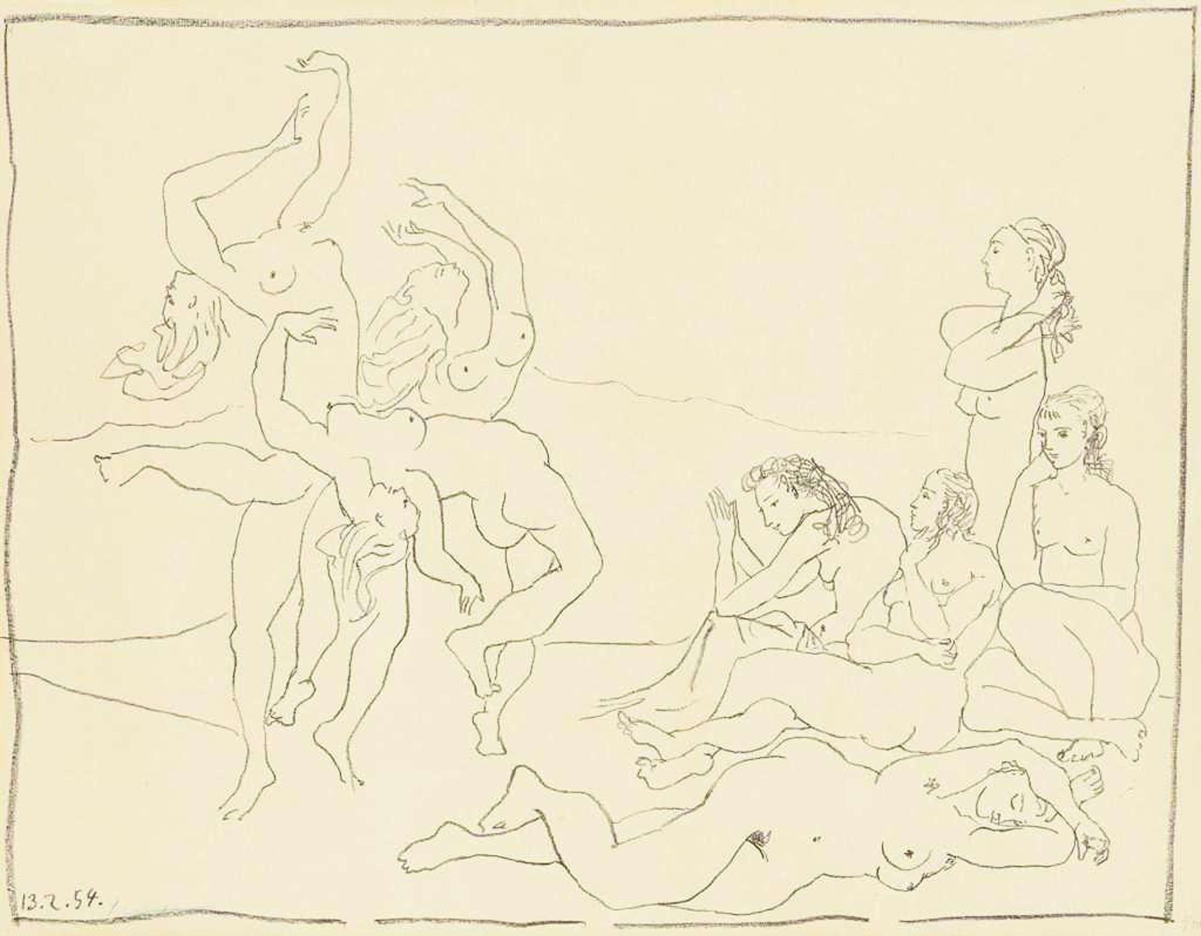 Une gravure de Picasso représentant un grand groupe de femmes nues, dont certaines dansent et d'autres regardent ou dorment.