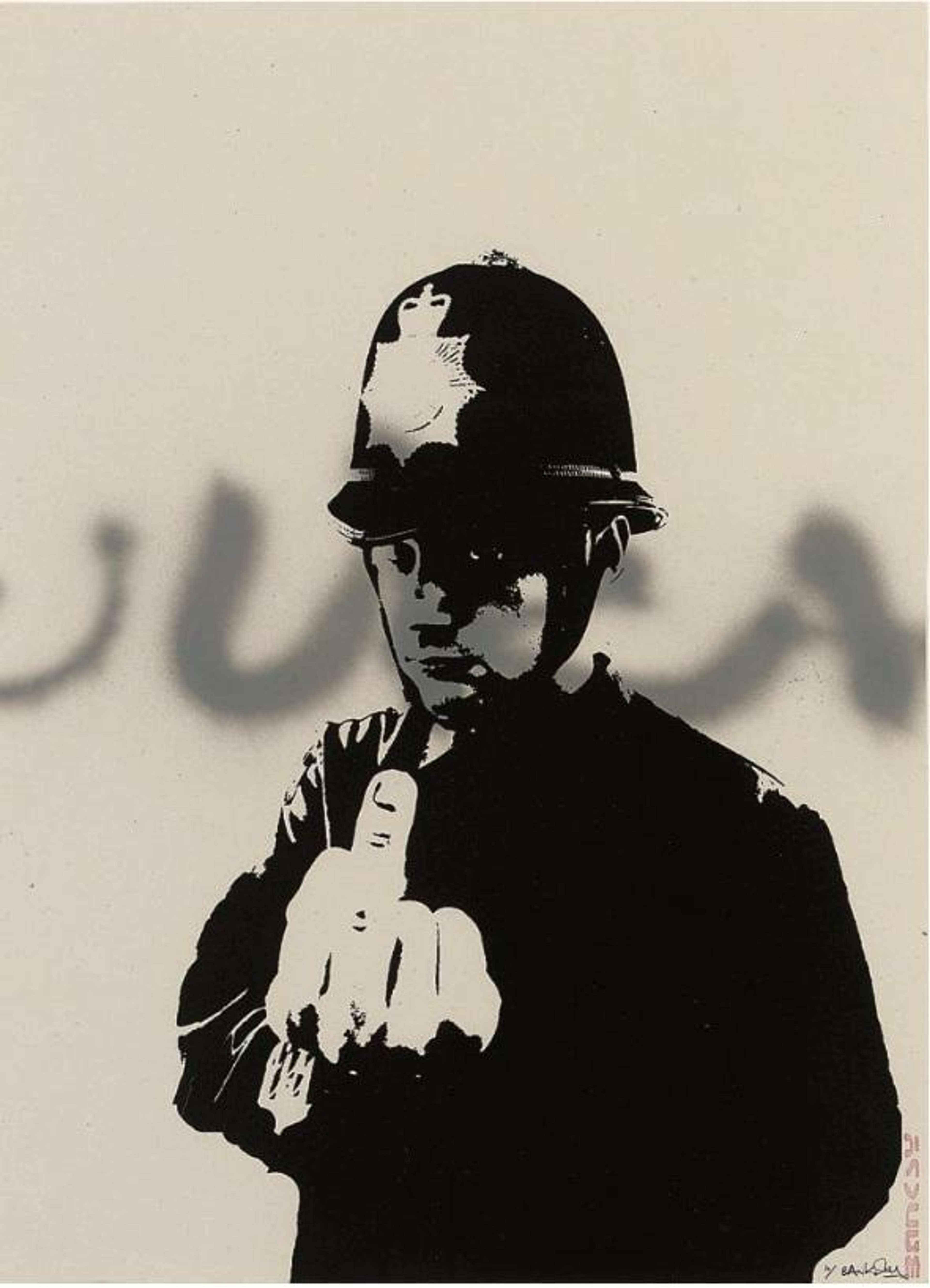 A black-and-white screenprint of a British bobby in a custodian helmet thrusting a foreshortened middle finger toward the viewer, set against a beige ground with a grey spray-painted swoosh.
