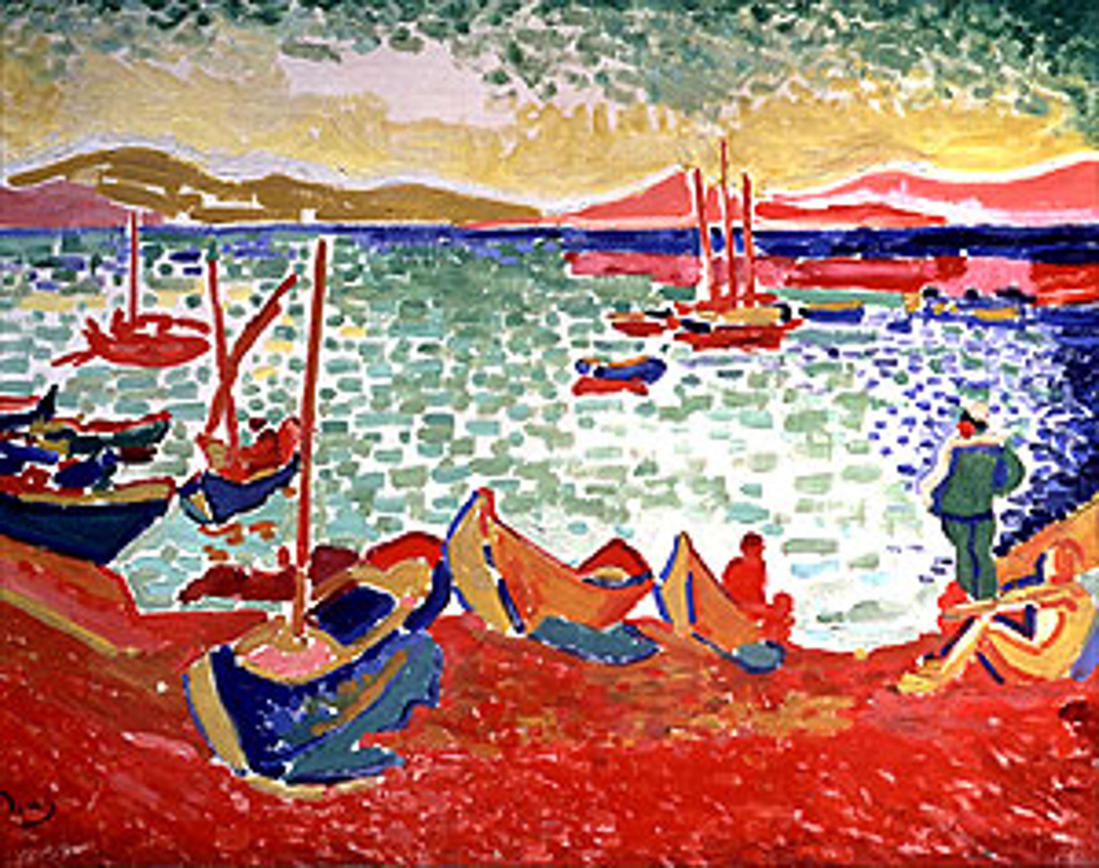 A Mediterranean harbour scene, looking out from a deep orange shoreline across a sea comprising mosaic green and blue brushstrokes. The sky is a mosaic of yellow, and then green, with pink hills and mountains on the horizon. Three figures, two sitting and one standing, gaze pensively over the marina at the colourful boats in the water.