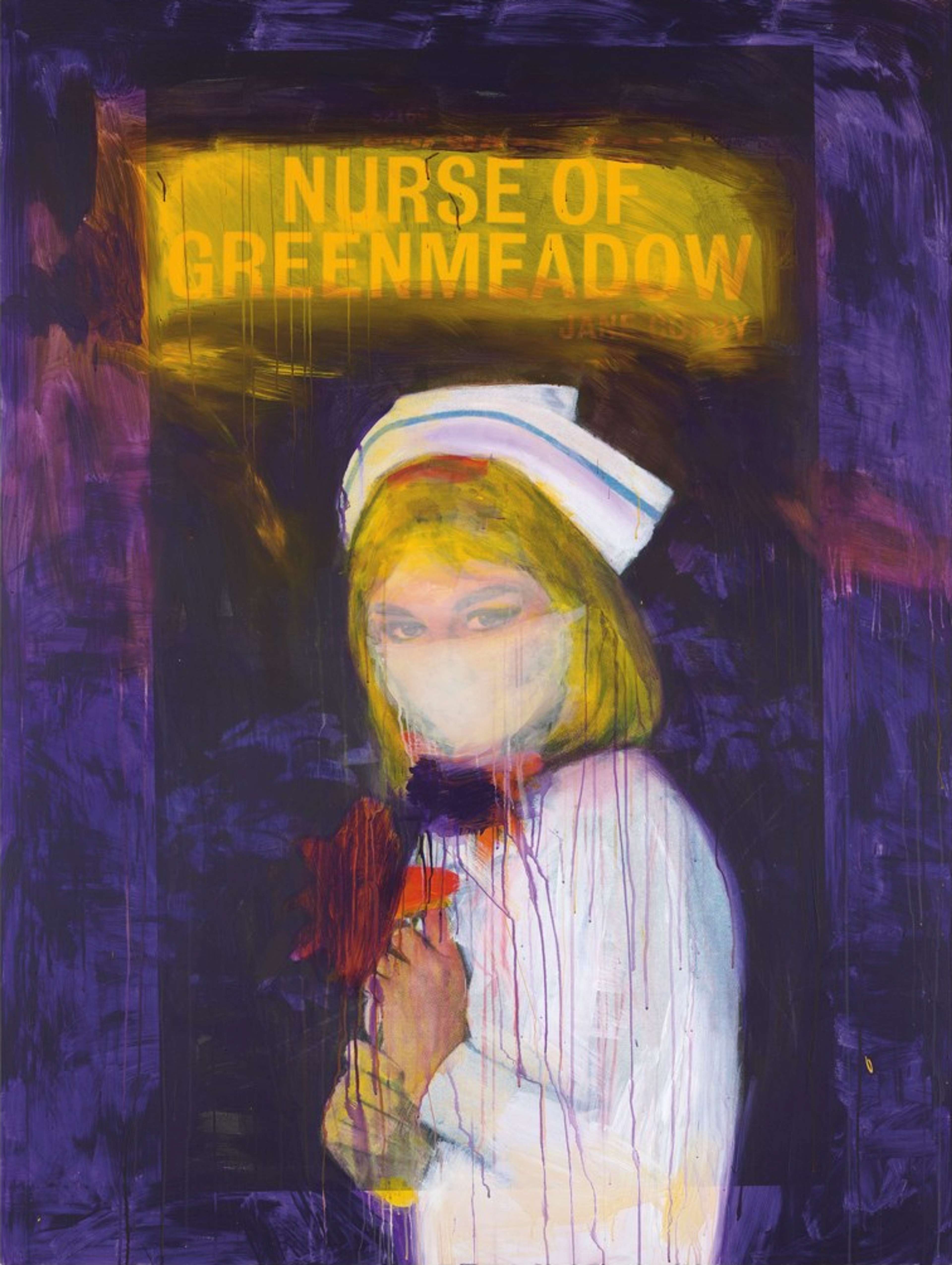 Une image de l'œuvre « Nurse Of Greenmeadow » de Richard Prince. Elle représente une infirmière blonde sur un fond violet. Le titre de la peinture est écrit et surligné en jaune au-dessus d'elle.