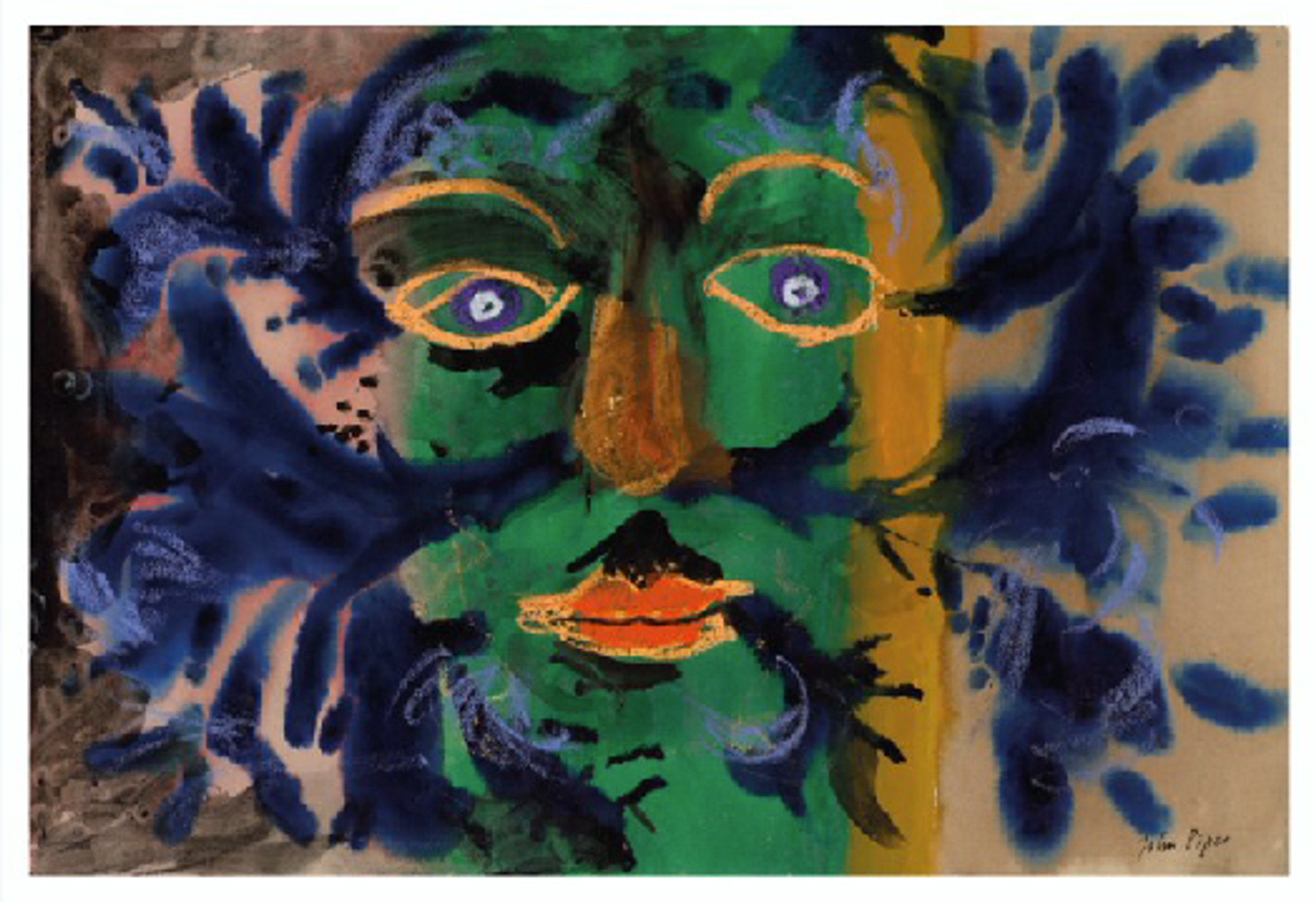 Une estampe aquarelle représentant une tête verte aux traits distincts soulignés de jaune. La tête est ornée d'un feuillage bleu et se détache harmonieusement sur un fond beige. L'œuvre fait partie de la collection "Yellow Head".