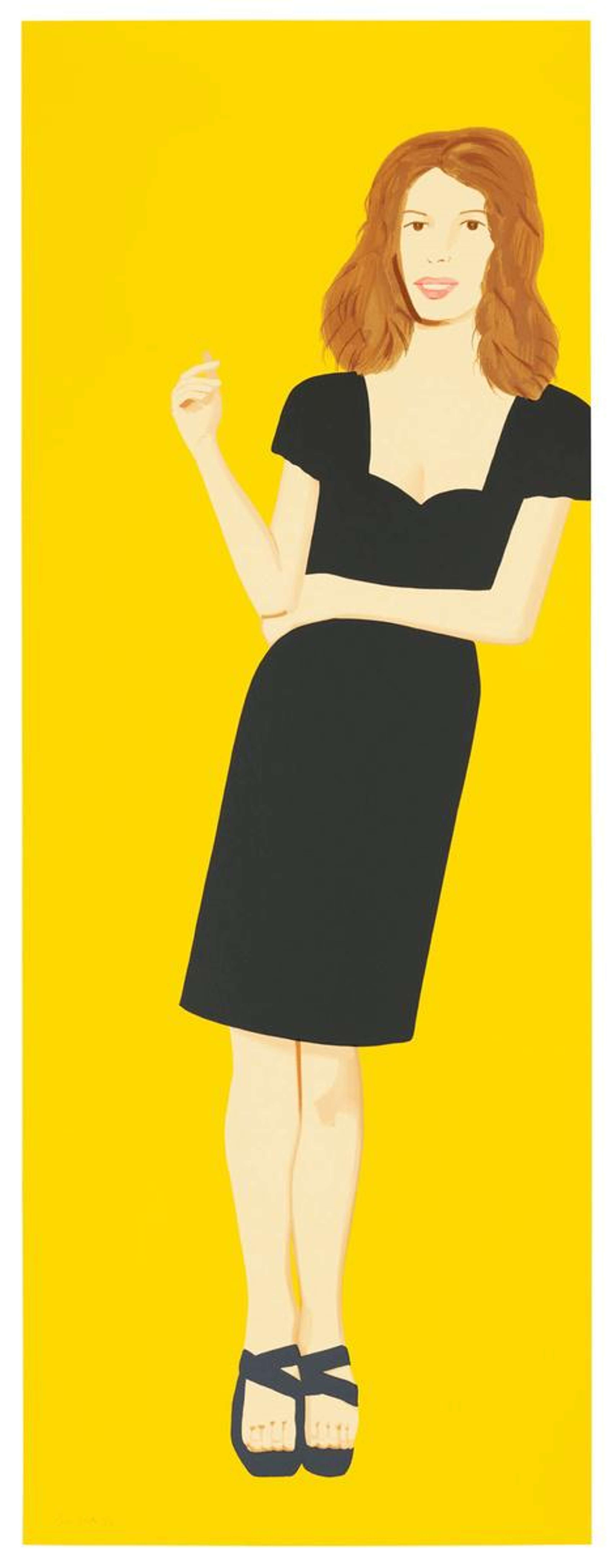 A screenprint by Alex Katz, titled “Black Dress (Cecily)”, depicting a woman in a long black dress against a pale background.