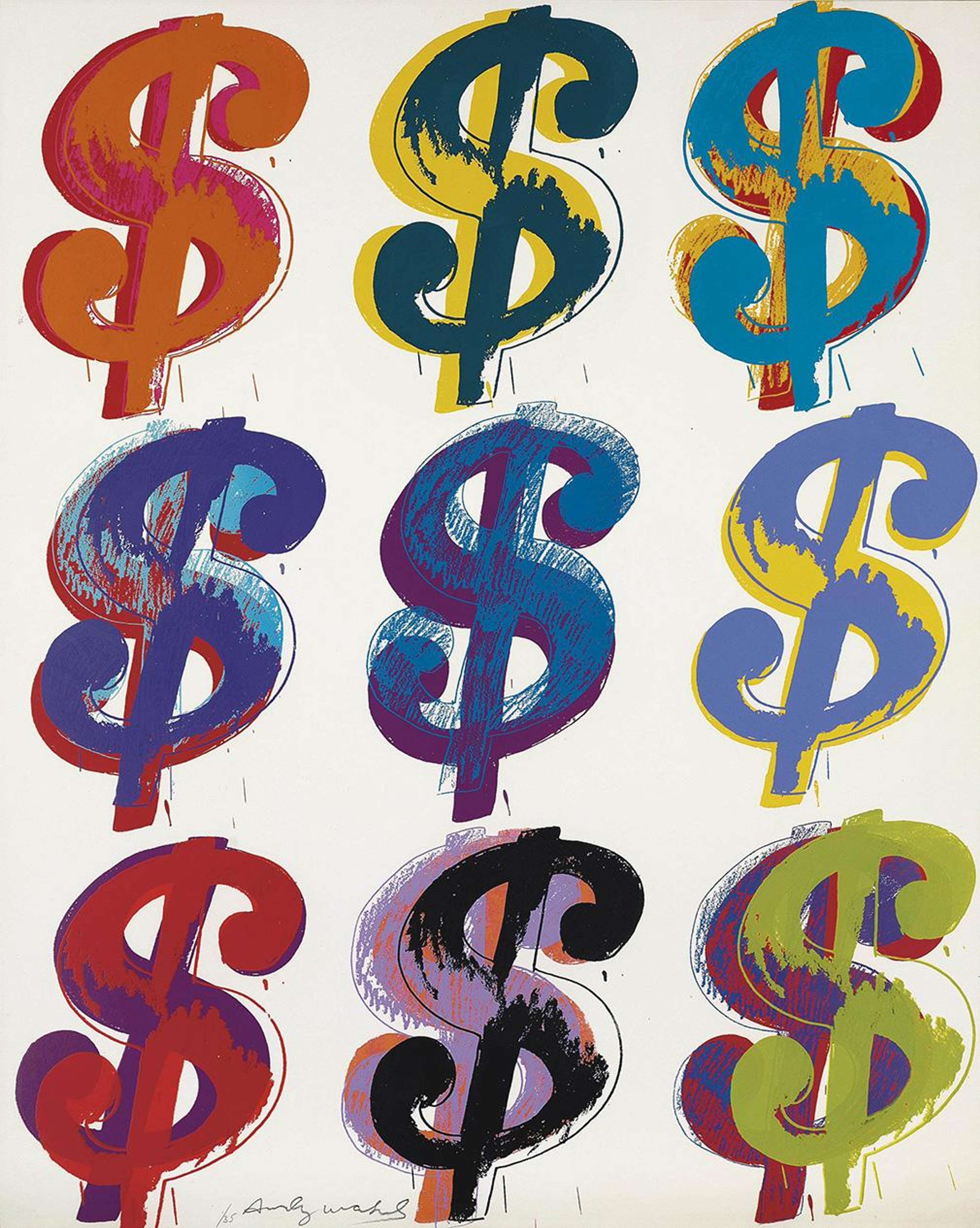 Six symboles dollar sont imprimés en motif, disposés en trois rangées de trois, sur un fond blanc. Chacun des symboles dollar est imprimé dans une couleur différente et superposé à différentes couches de couleur afin de créer des nuances et de la texture.