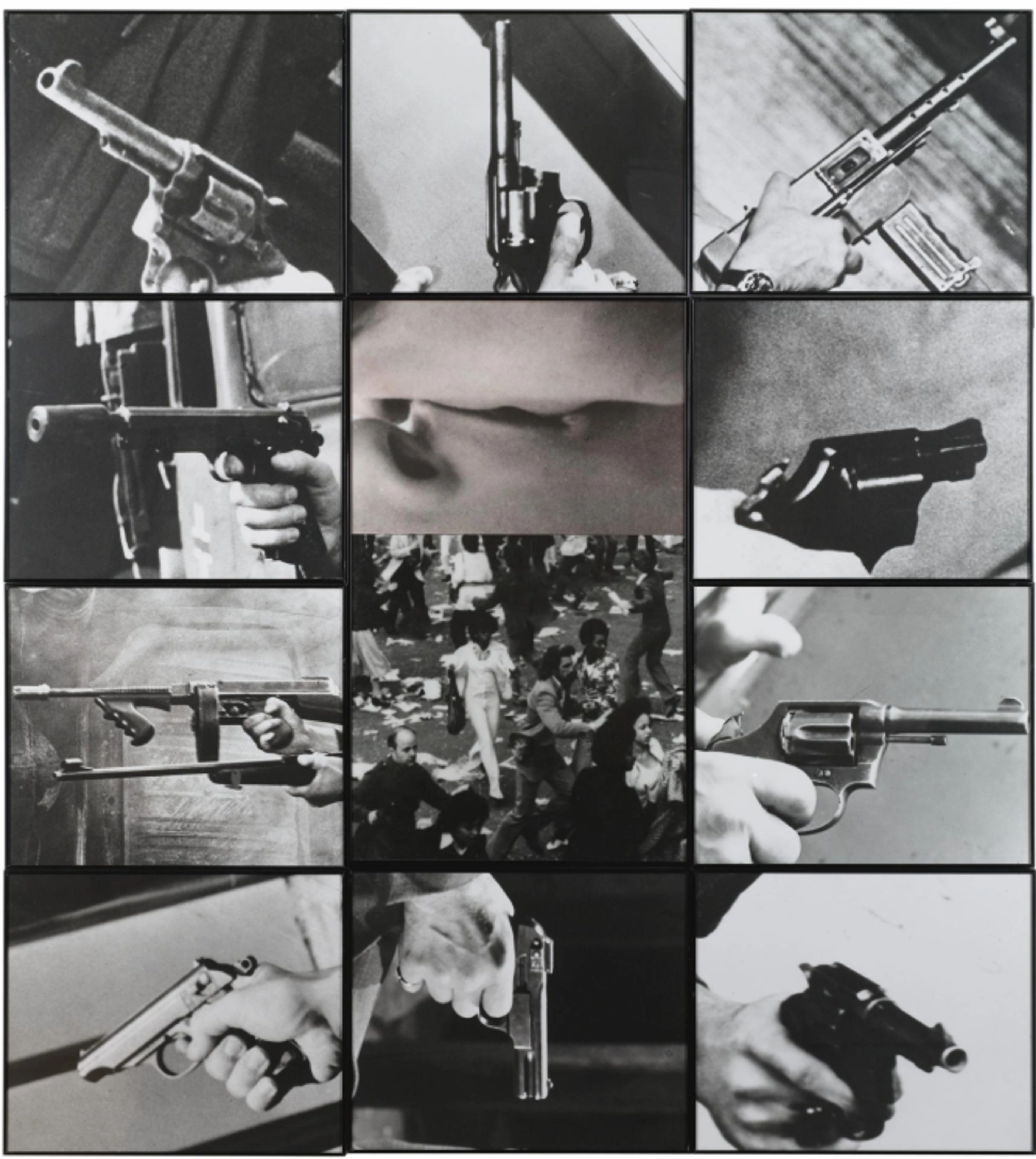 A grid of black and white photographs arranged in a 4x3 layout. The outer images depict firearms being pointed away from the centre. The centre images depict a close-up of a kiss and a crowd scene.