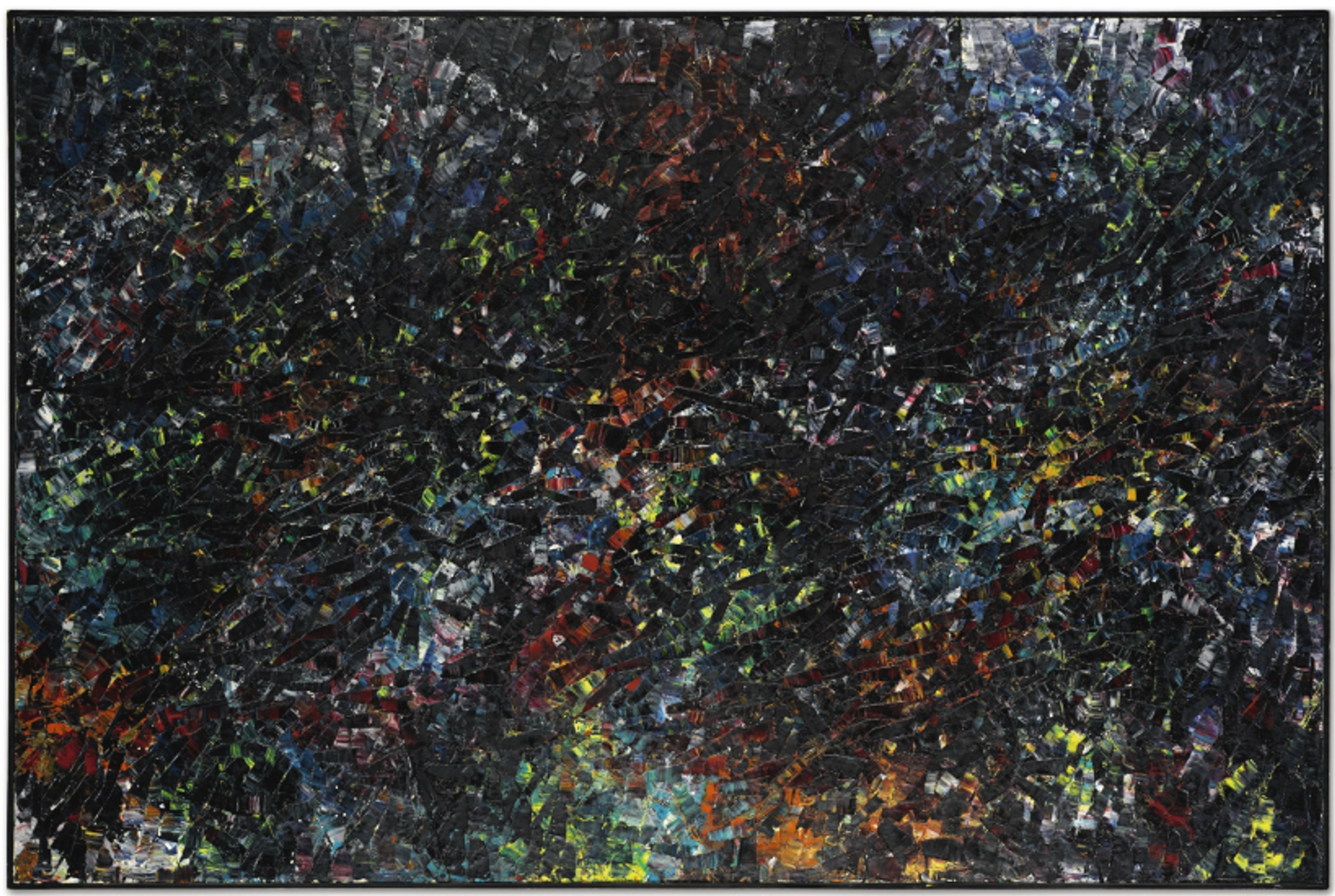 A dark abstract landscape of deep greens, blues, and blacks with yellow and red accents. The undulating tones suggest a birds-eye view of a thick forest, with lighter colours suggesting the tallest trees.