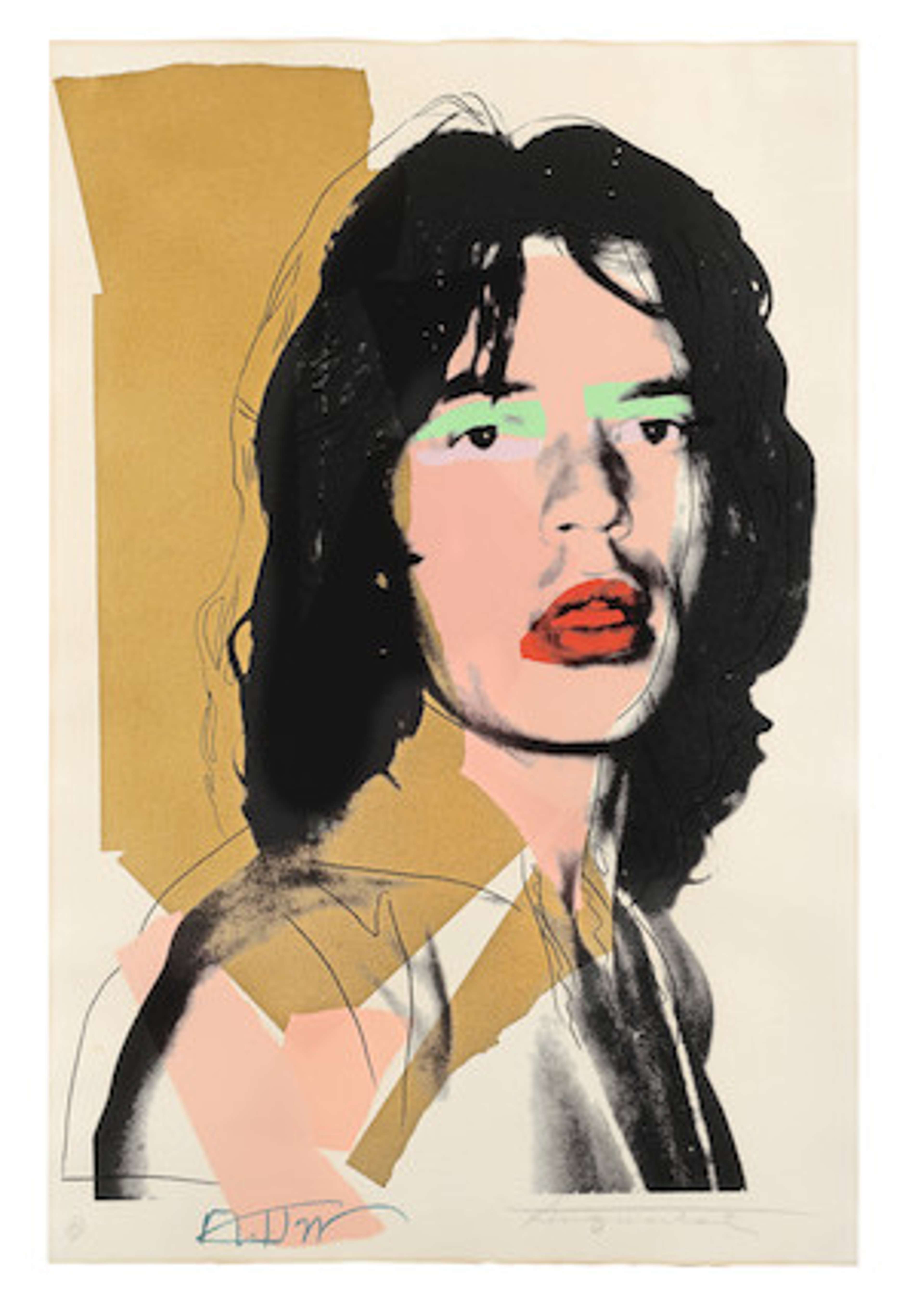 Portrait de Mick Jagger aux lèvres rouges, avec un trait noir audacieux et des tons roses, jaunes et bleus superposés, par Andy Warhol.