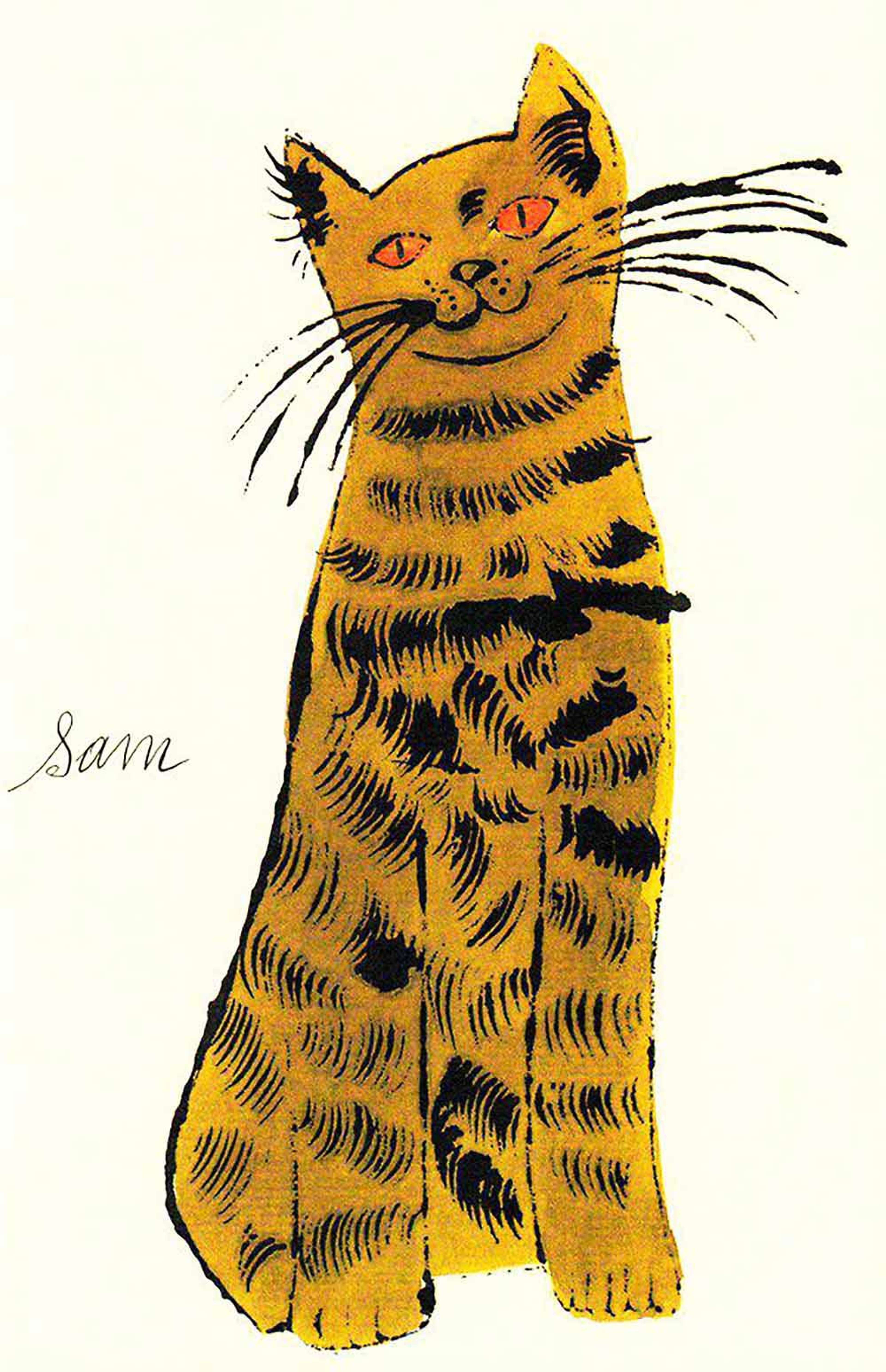 Andy Warhol lithograph of a orange cat with red eyes, rendered in soft hand-coloured washes and fluid linework.