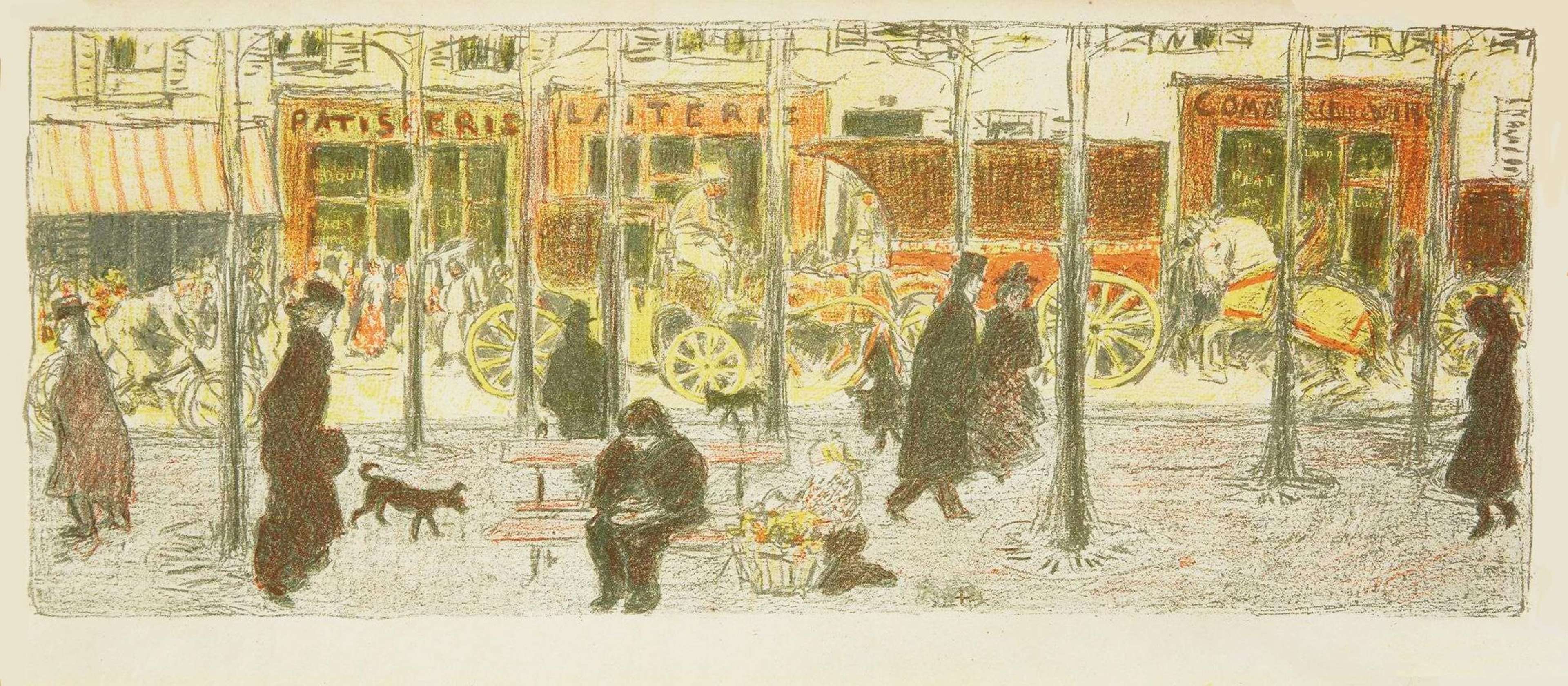 Une scène animée sur un boulevard parisien coloré. Au premier plan, des personnes vêtues de longs manteaux déambulent autour de piliers issus de l'arcade ombragée surplombant la scène, des chiens passent, et un homme est assis sur un banc. À l'arrière-plan, une voiture et des chevaux passent sur The Road. Des devantures de magasins sont visibles à travers l'agitation : « Patisserie », « Laiterie », et une autre dont l'enseigne n'est pas lisible.