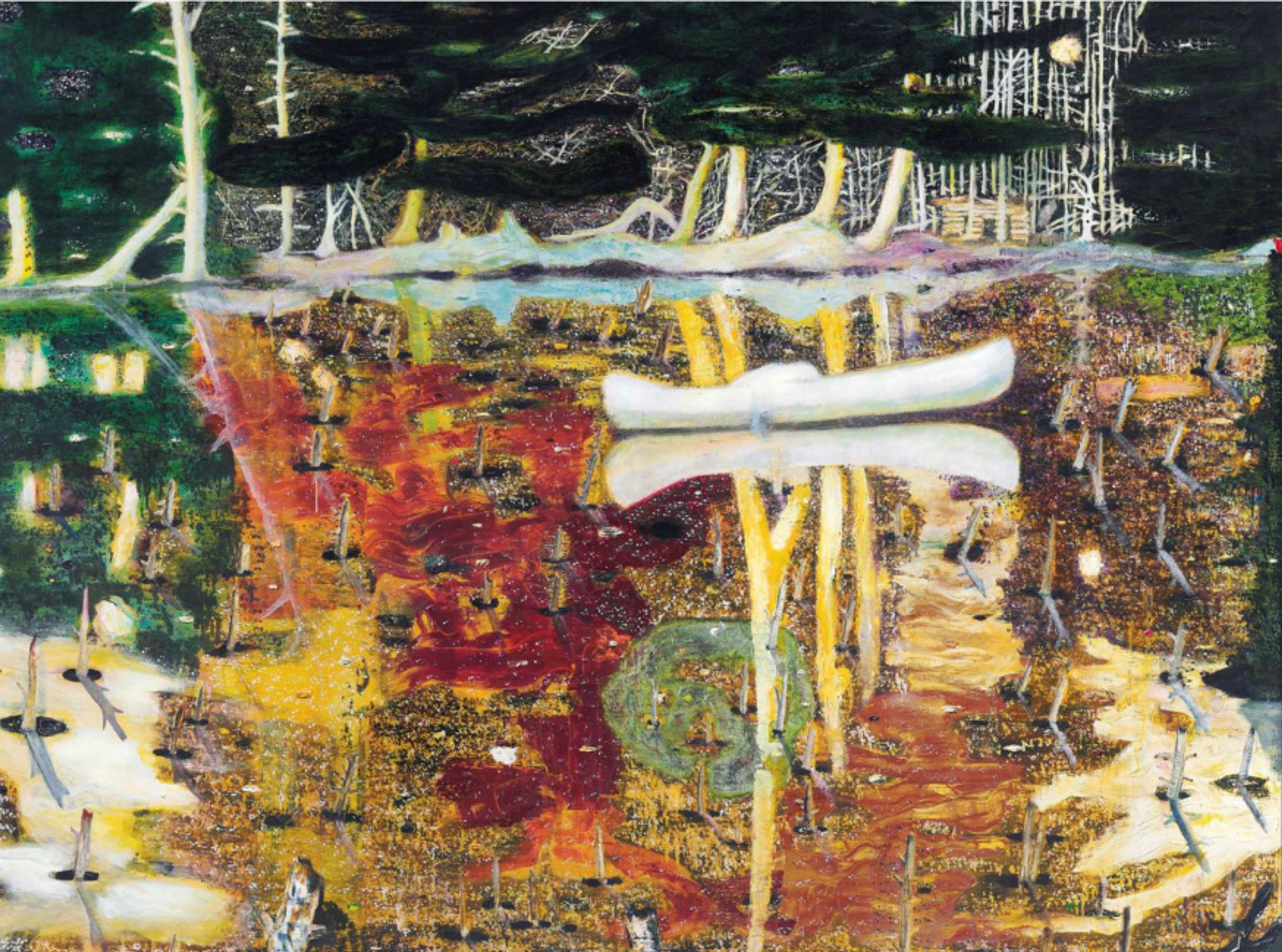 A dark, atmospheric painting depicting a white canoe floating on reflective water. The scene is dominated by rich amber and crimson reflections in the water surface, contrasted against a shadowy forest backdrop. The canoe appears suspended in a dreamlike environment where reality is distorted through the shapes of the watery reflections. Bare tree branches and stacked timber rendered in white can be seen on the far river bank. The painting has a layered, textural quality with drips and streaks of paint creating a complex interplay between the boat, water, and surrounding landscape.