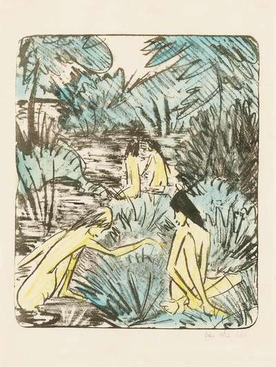 Waldsee Mit Drei Badenden Und Einem Sitzenden Mädchen 2 (hand finished) - Signed Print by Otto Mueller 1918 - MyArtBroker