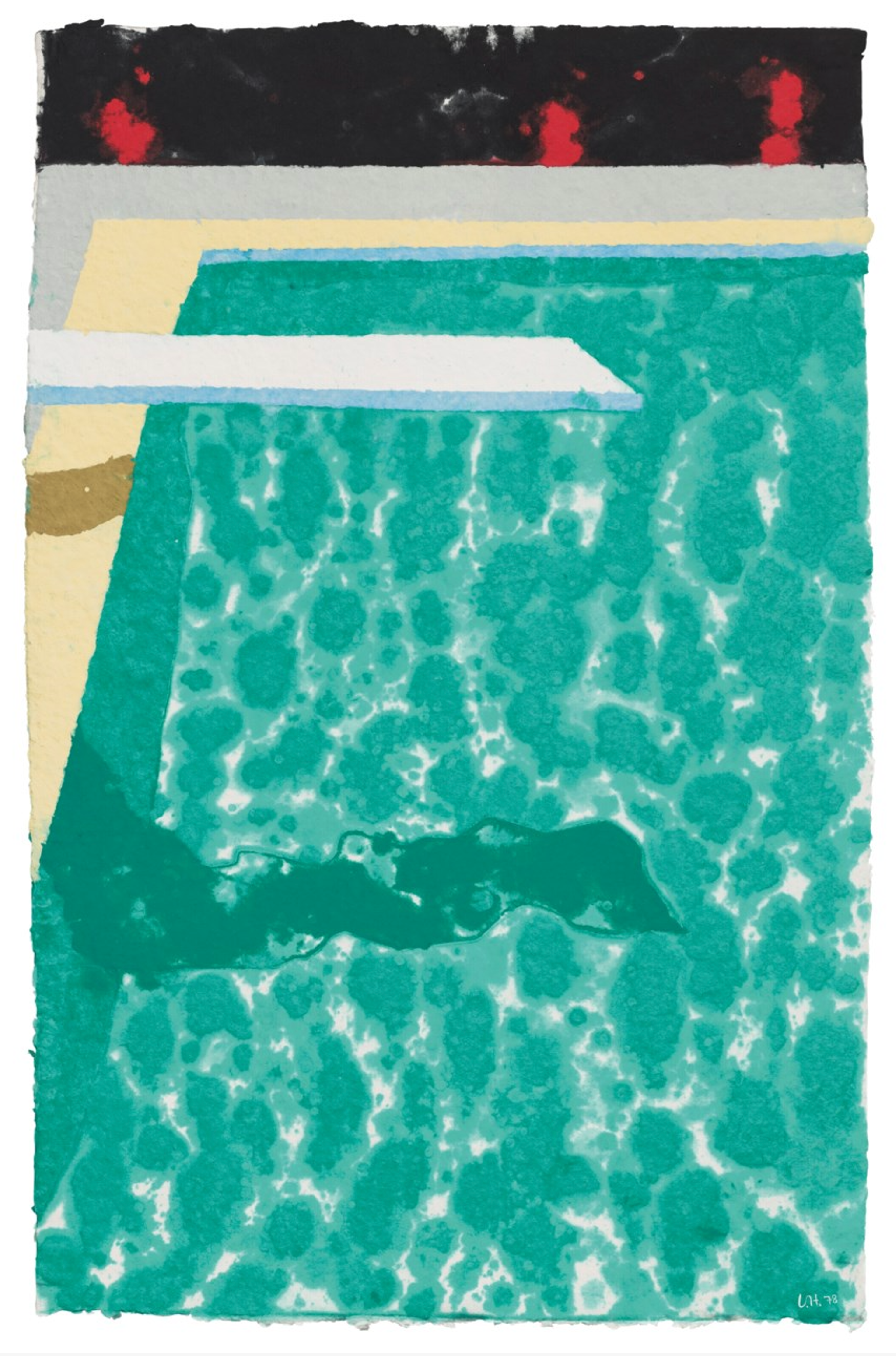Une œuvre en pulpe de papier pressé de David Hockney représentant une piscine verte et un plongeoir blanc qui s'étire vers le centre de la composition.