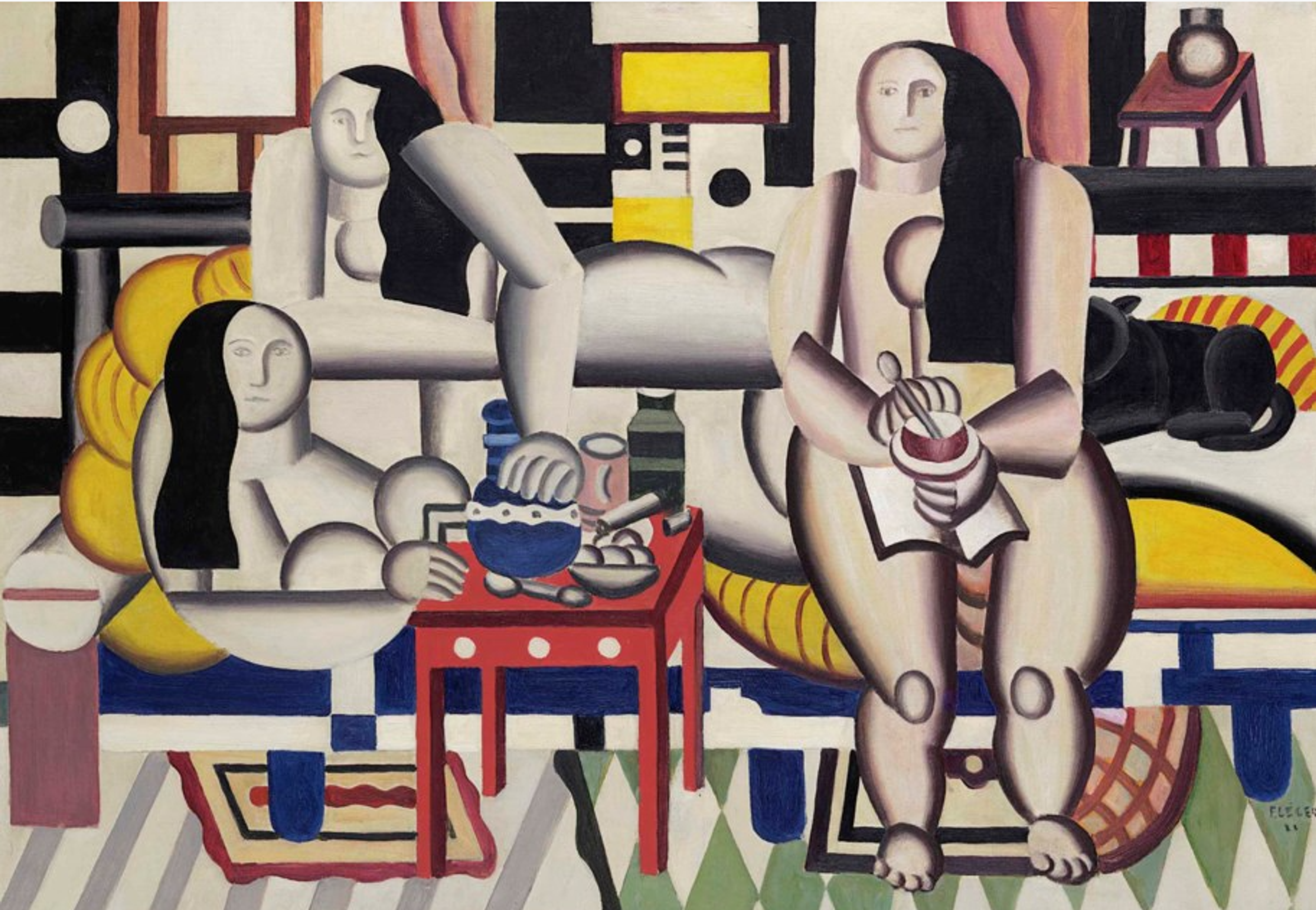 A Cubist interior scene featuring three stylised figures with simplified, rounded forms. The composition includes furniture elements, including a small red table and a yellow and blue sofa. A bright yellow, red, and blue patterned background creates contrast with the neutral tones and black hair of the figures. They appear to be eating breakfast.