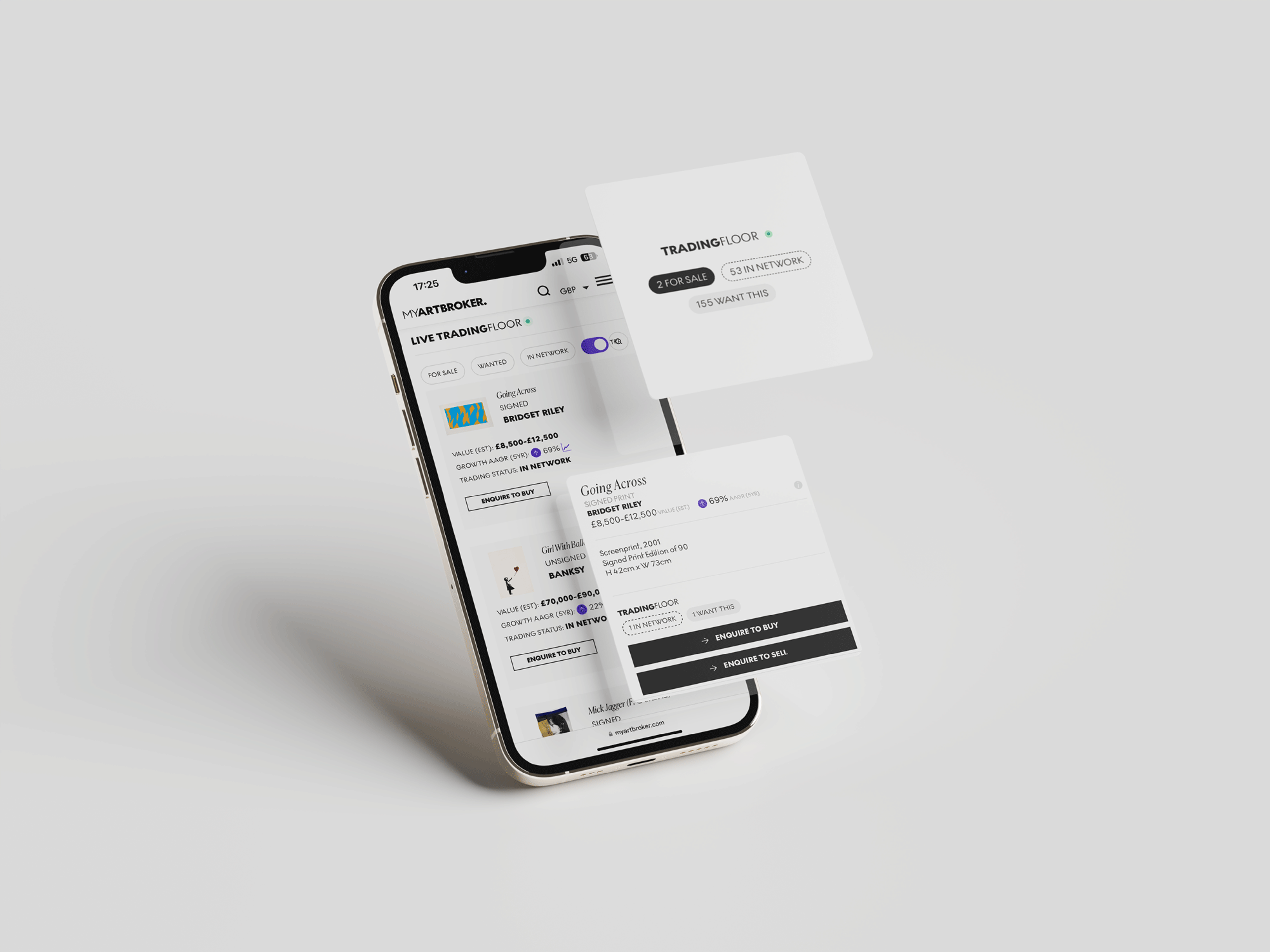 Graphique représentant l'écran d'un téléphone visualisant le Trading Floor - MyArtBroker.