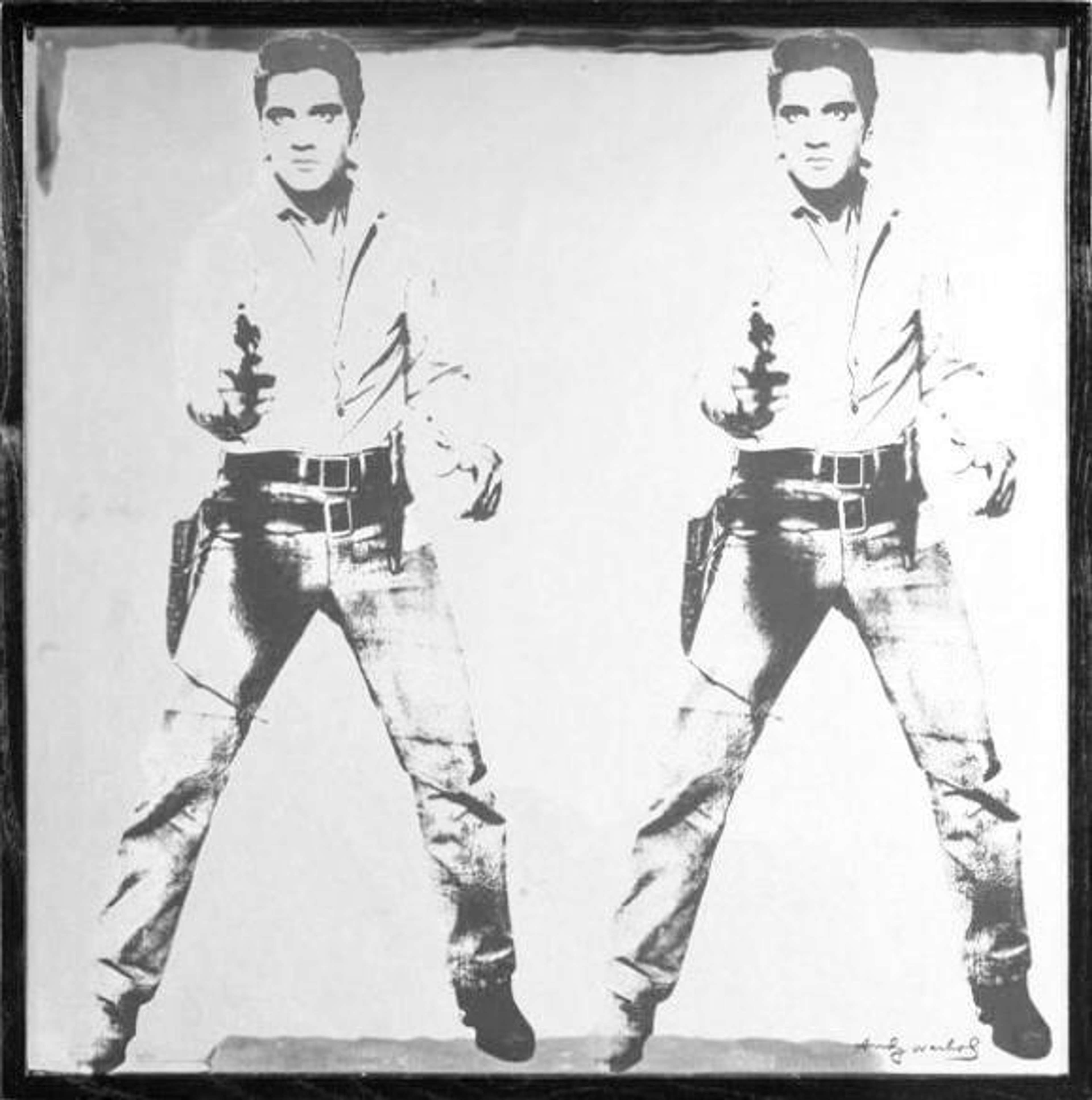 Une sérigraphie d'Andy Warhol représentant deux figures d'Elvis côte à côte sur un fond blanc.