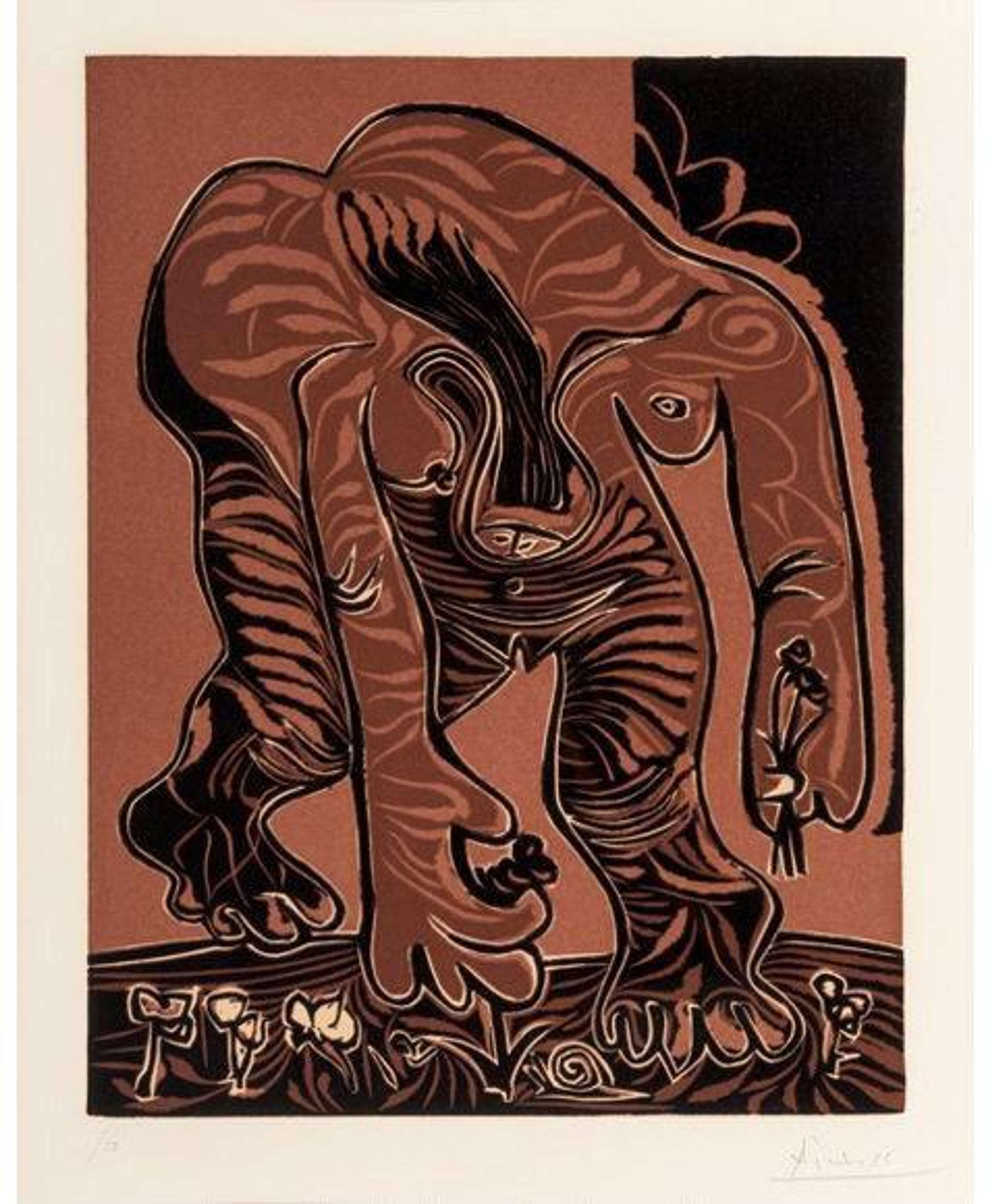 « Femme Nue Cueillant Des Fleurs » de Pablo Picasso. Peinture abstraite représentant une femme debout se penchant pour cueillir des fleurs.