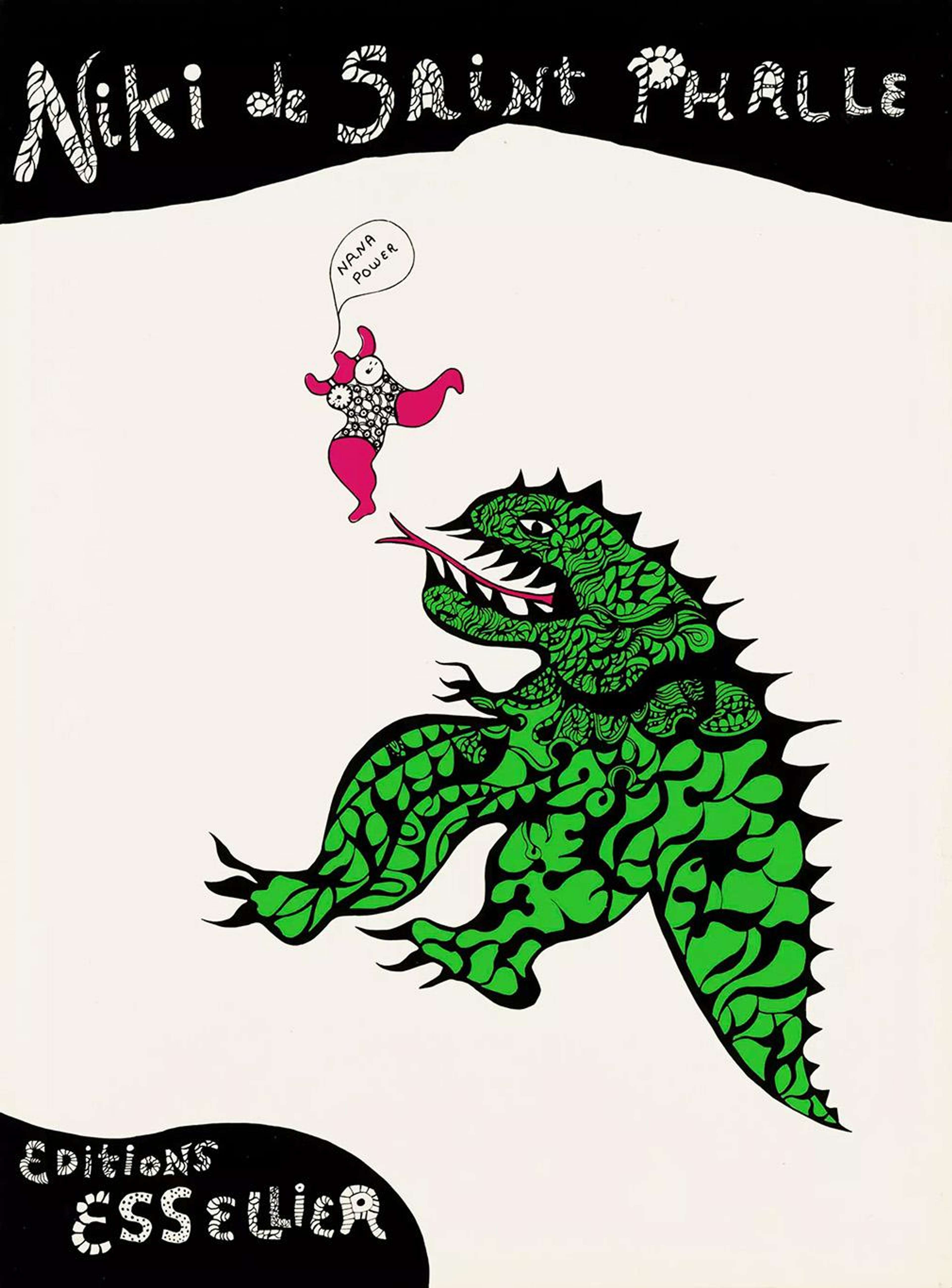 Une sérigraphie où le nom de l'artiste est écrit dans une police enfantine sur une bande noire en haut. Au centre, une créature verte ressemblant à un dragon, avec une longue langue, tente d'attraper une petite figure rose, courbée et sans tête, qui prononce les mots « Nana Power ».