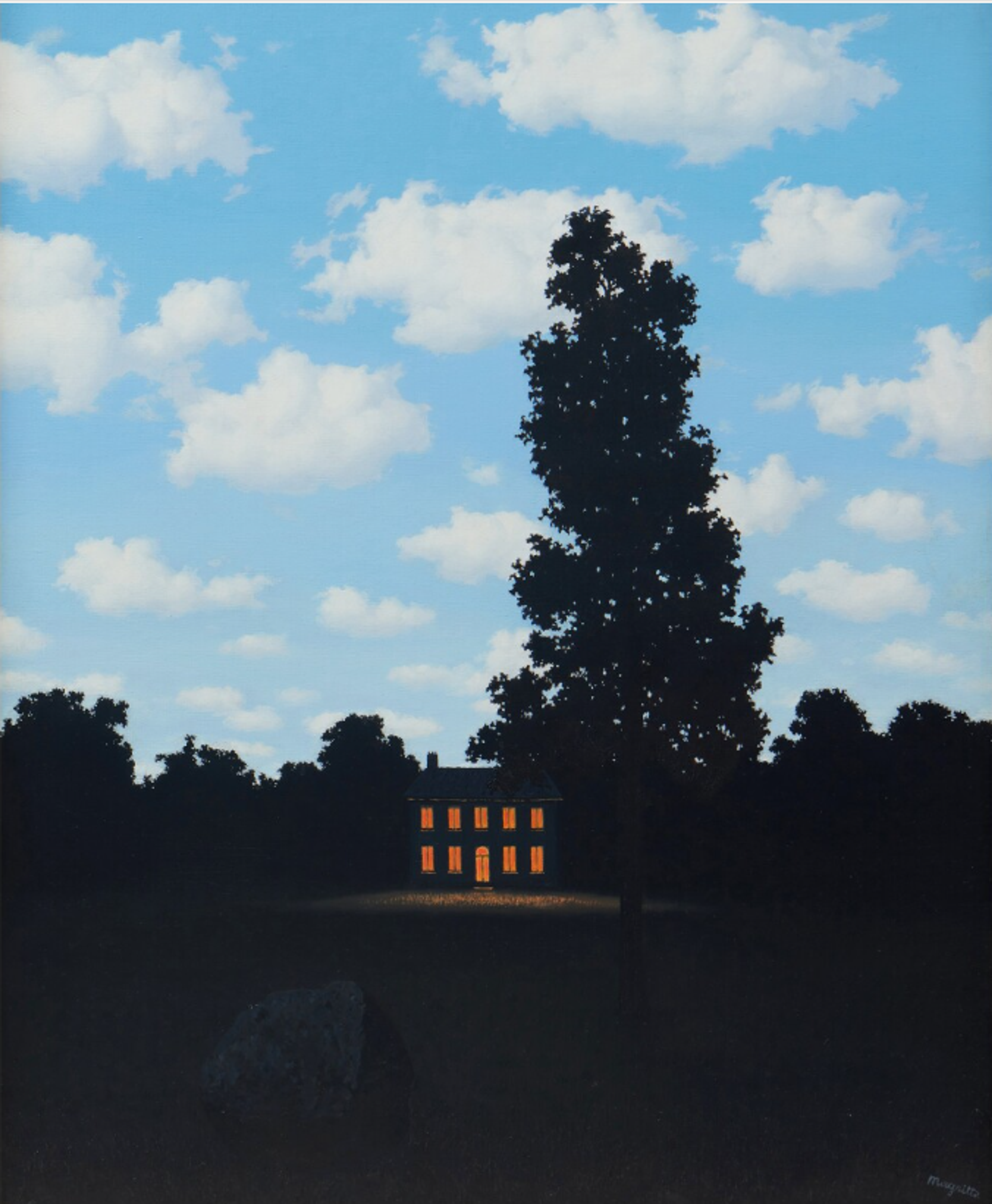 A night landscape showing a house in the distance with several windows lit, appearing as a small golden grid against the darkness. The sky is a paradoxically bright blue, as if in daylight.