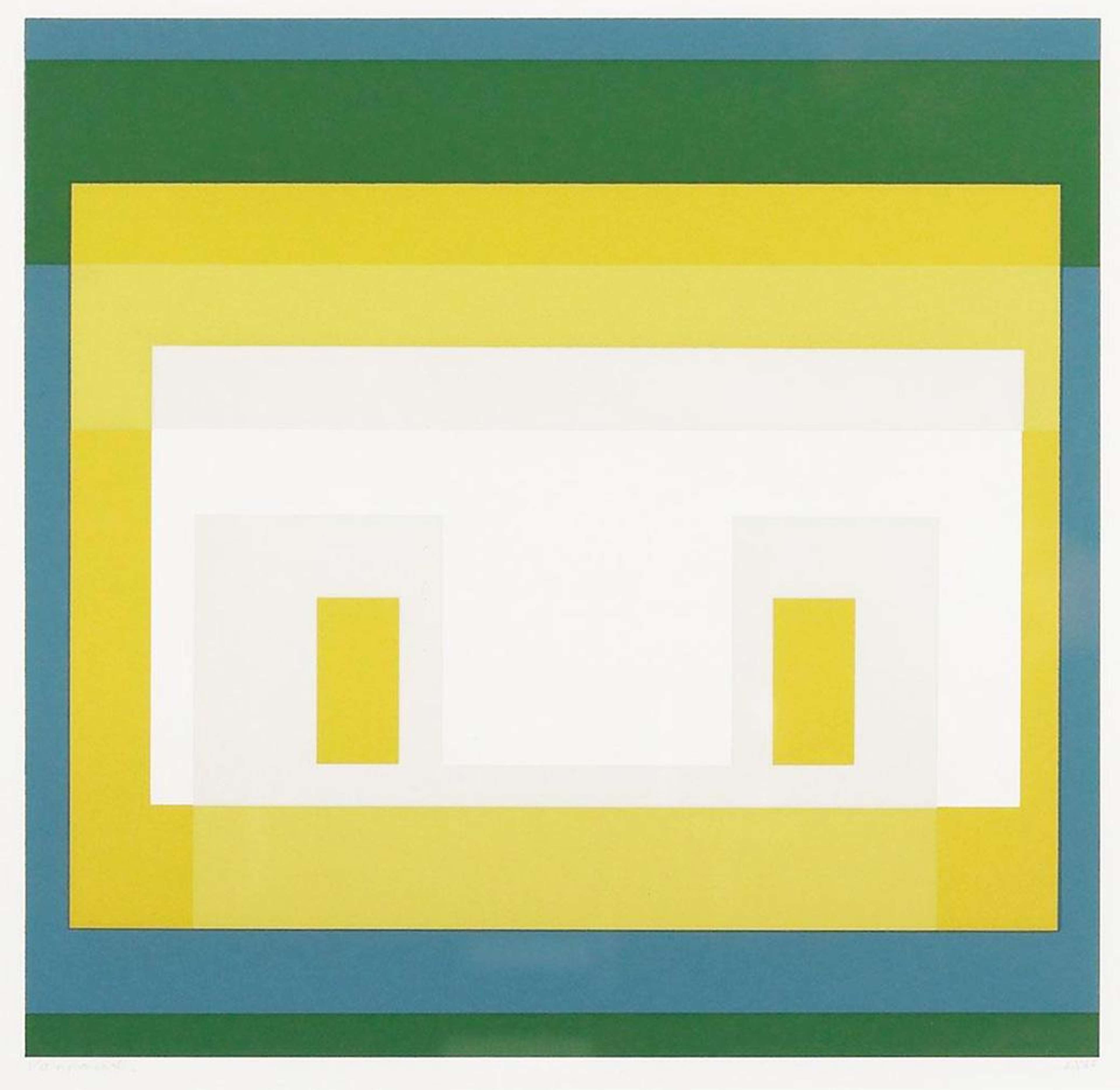 Une estampe carrée présentant un motif géométrique. Les couleurs utilisées sont le vert foncé, le sarcelle, des nuances de blanc et des nuances de jaune, allant du foncé à l'arrière-plan au clair au centre et au premier plan. Le point focal central est constitué de deux rectangles verticaux jaunes.