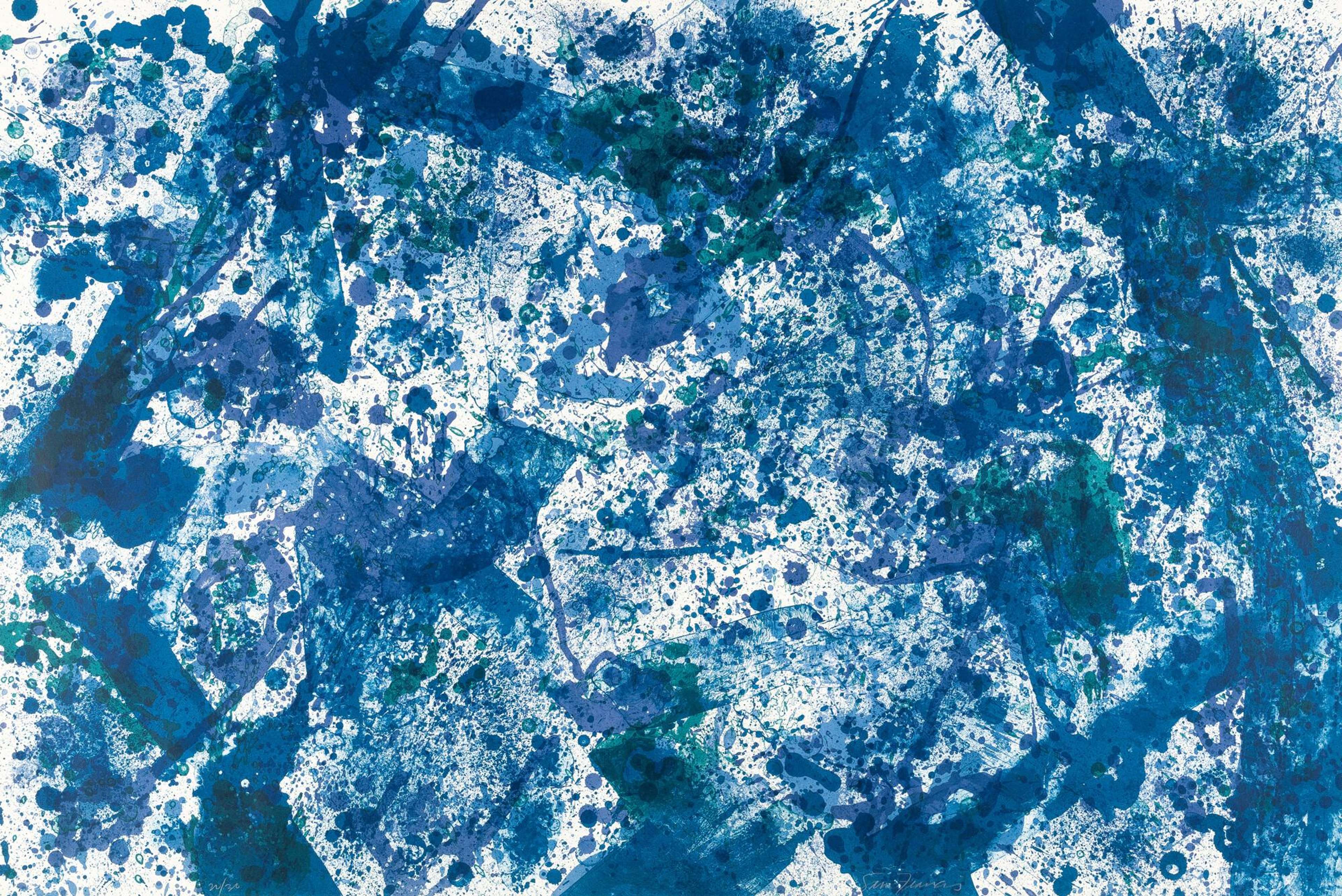 Une lithographie de Sam Francis représentant des formes bleues et des marques d'encre sur fond blanc.
