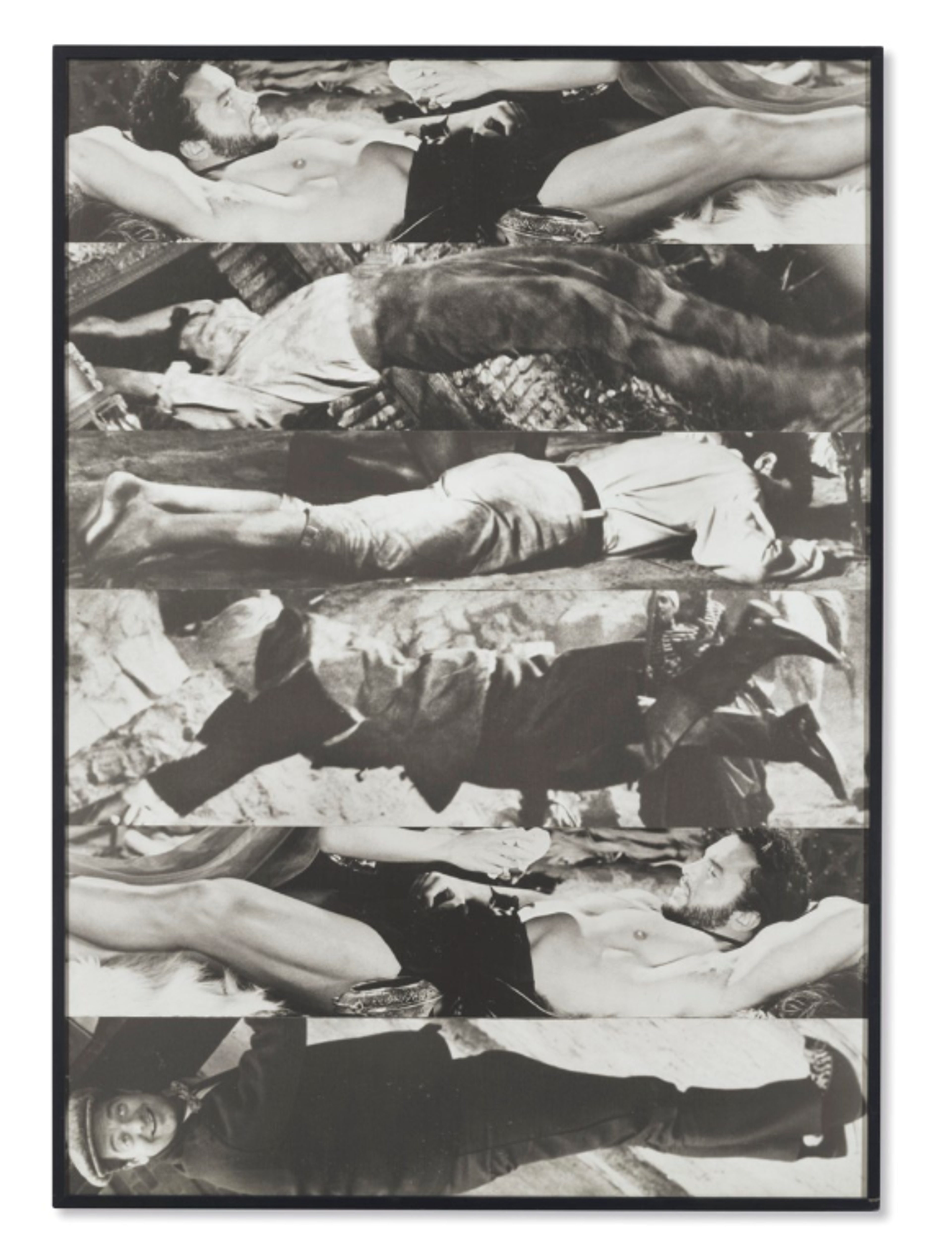 A black and white photographic collage showing multiple images of men lying down or reclining, arranged in horizontal bands across the frame. The same man, wearing just his underwear, is flipped and repeated once. The other men wear different clothing and face in different directions.