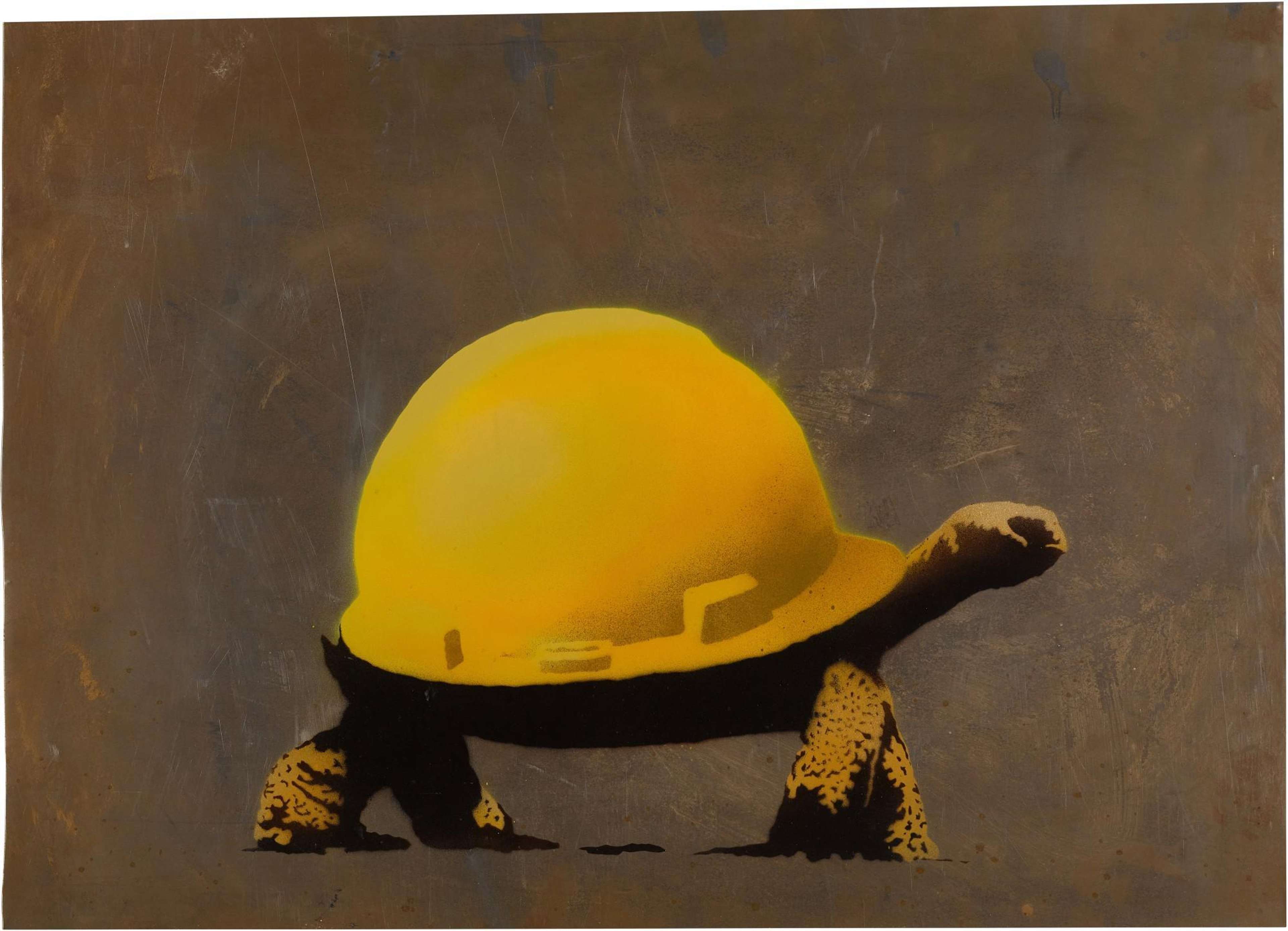 A small tortoise plods forward wearing an oversized crash helmet, depicted in clean stencil lines.
