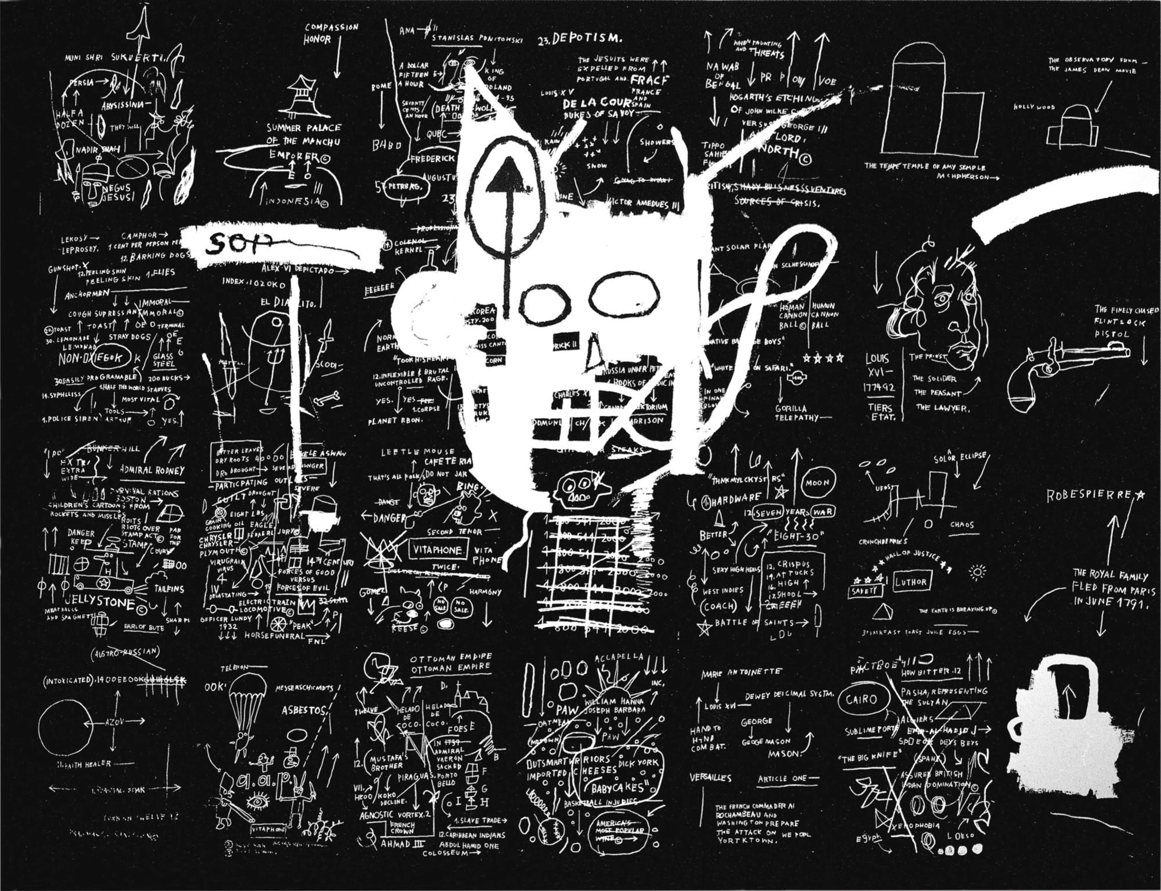 Dans cette estampe sans titre, un visage ambigu, très probablement celui d’un animal, dessiné en blanc avec une sorte de filet recouvrant la zone de la bouche, est représenté au-dessus de 24 blocs de texte, de lignes et d’esquisses. La structure en résille qui semble envahir le visage, évoquant un sentiment d’emprisonnement et de constriction, rappelle les cages thoraciques et les crânes représentés de manière similaire qui dominent les représentations du Human Body par l’artiste.