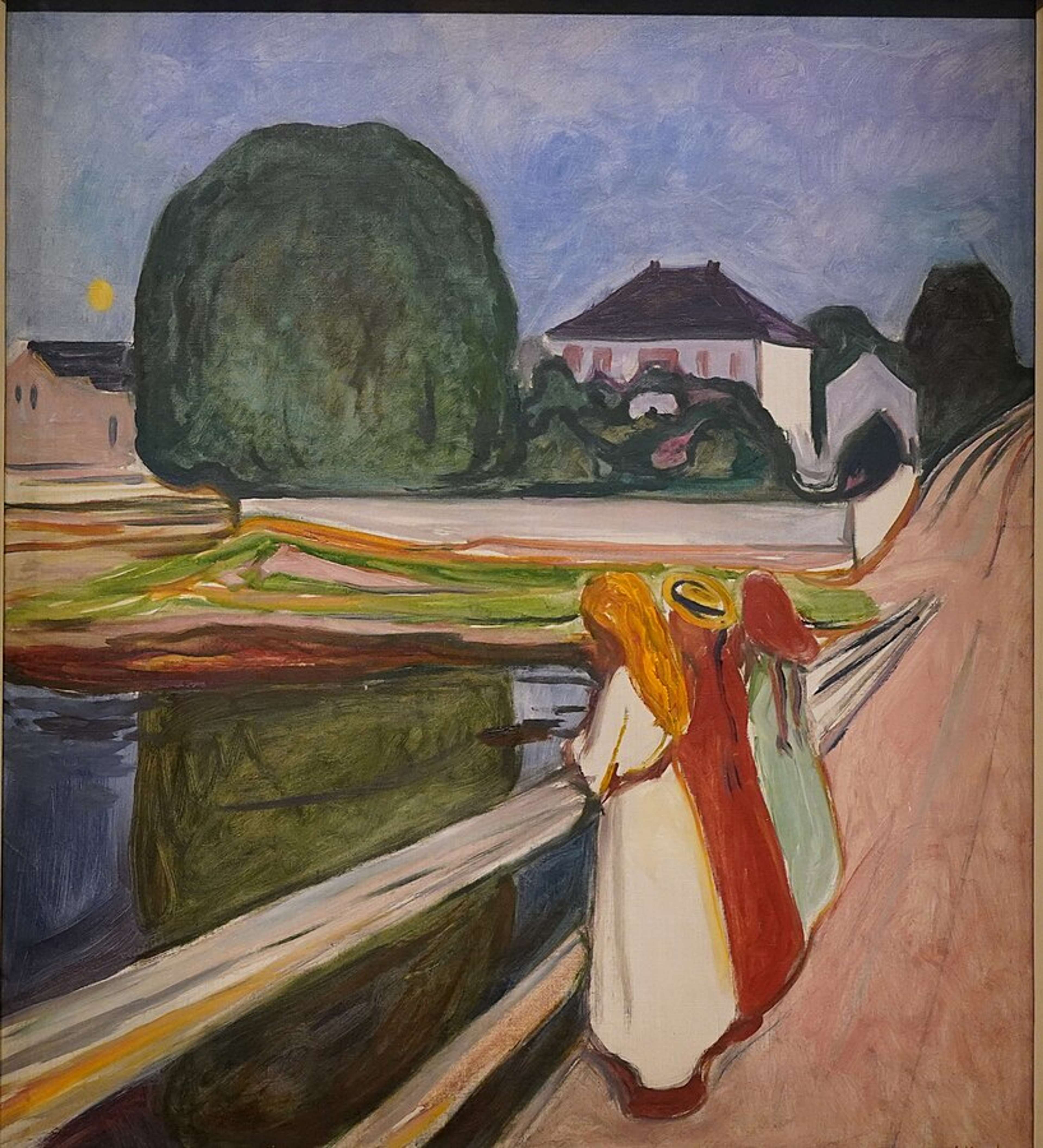 Une peinture impressionniste représentant trois femmes aux longs cheveux et aux robes fluides, penchées sur le parapet d'un pont et contemplant l'eau en contrebas. La scène comporte un grand arbre arrondi, une maison blanche au toit sombre, et une route sinueuse qui s'étire au loin. La palette de couleurs mêle des verts et des bleus vibrants à des tons terreux, tandis que des coups de pinceau expressifs confèrent du mouvement à la composition. Cette œuvre rappelle le style d'Edvard Munch.