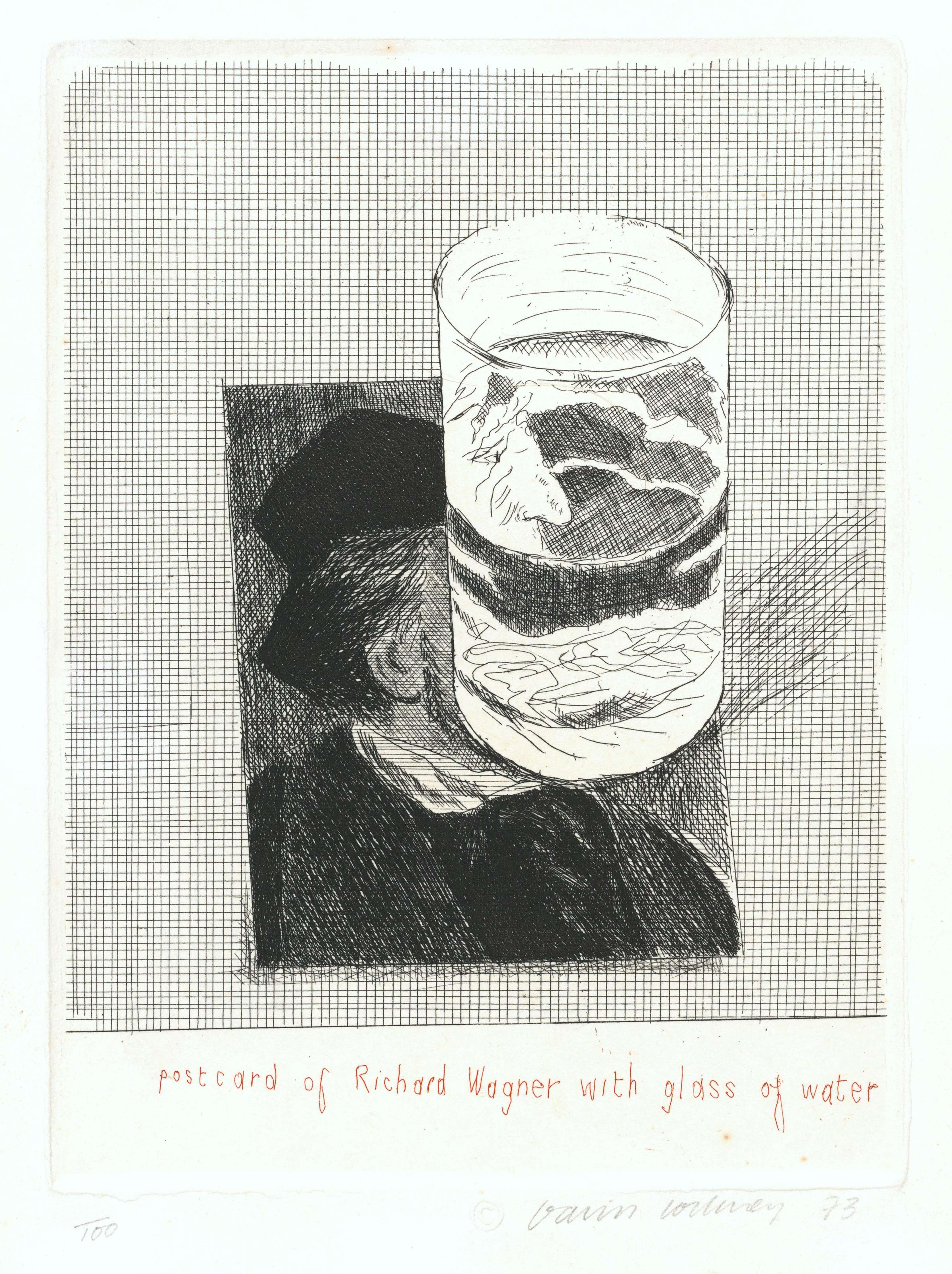 Cette estampe représente un portrait du compositeur Richard Wagner, son visage dissimulé derrière un verre d'eau transparent.
