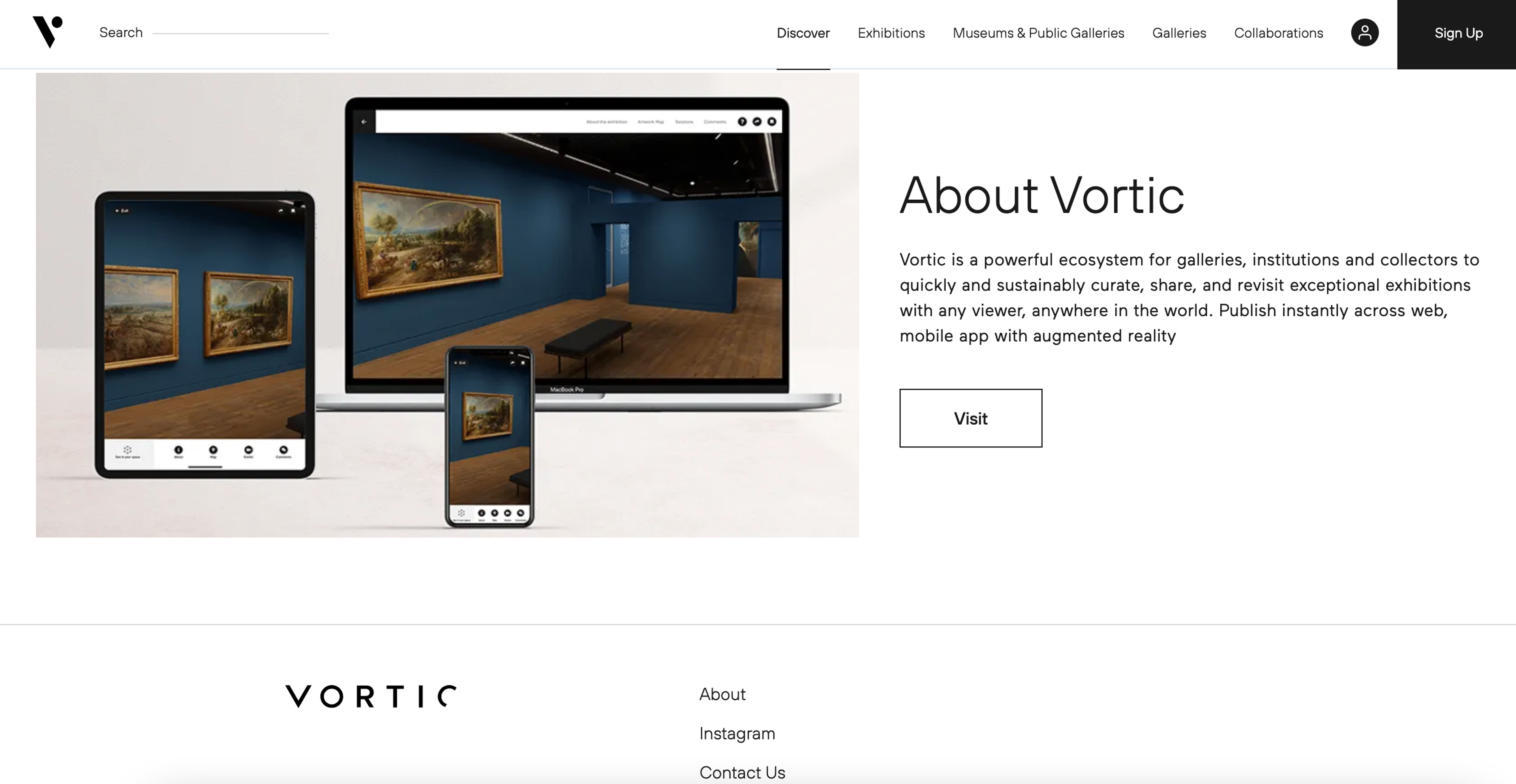 Une capture d'écran de la page d'accueil de la plateforme Vortic, plus précisément de sa section « About Vortic » (À propos de Vortic). Elle montre une vue d'installation d'une galerie d'art, affichée sur une tablette, un téléphone portable et un ordinateur portable.